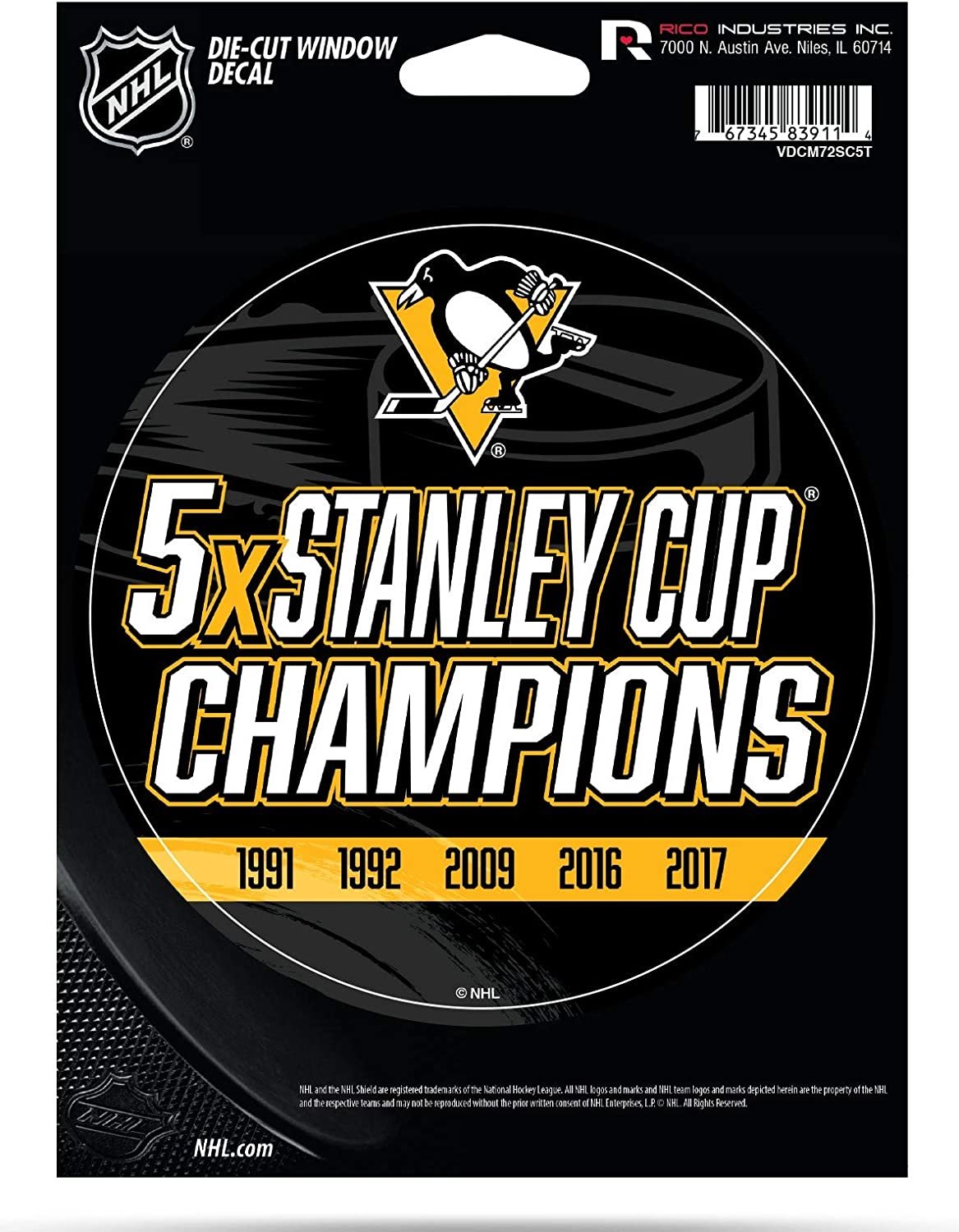 Pittsburgh Penguins 5" Decal Sticker 5X Time Champions Flat Vinyl Auto Emblem Hockey