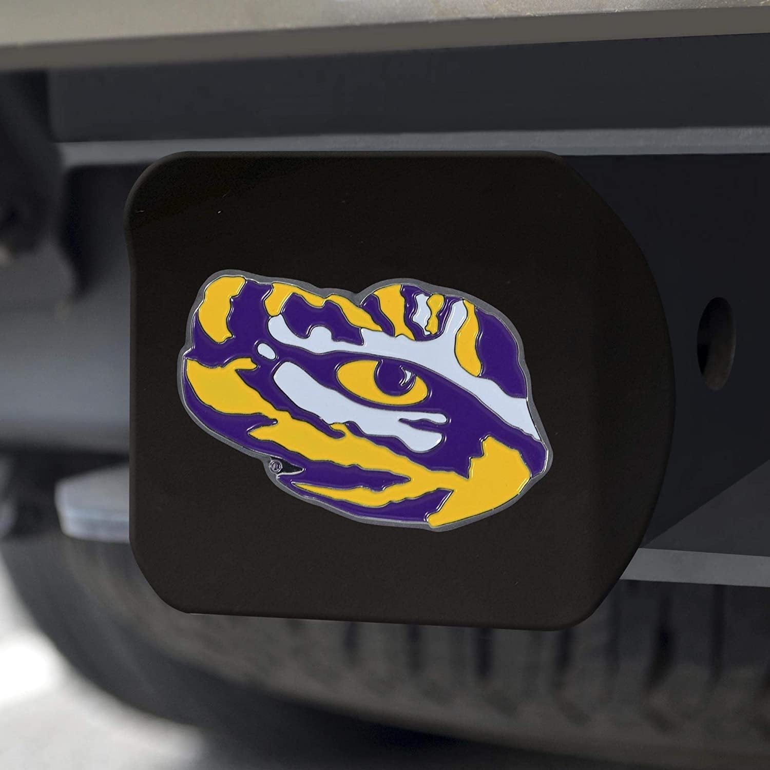 LSU Tigers Solid Metal Black Hitch Cover with Color Metal Emblem 2 Inch Square Type III Louisiana State University