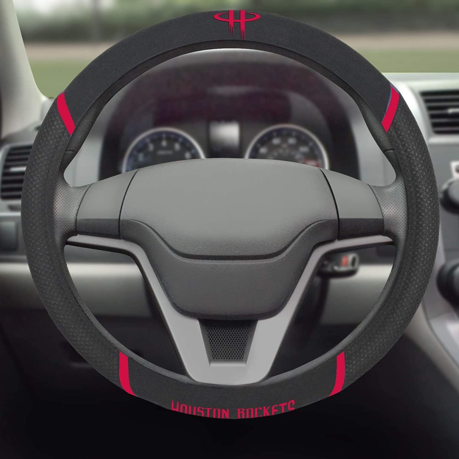Houston Rockets Steering Wheel Cover Premium Embroidered Black 15 Inch 3