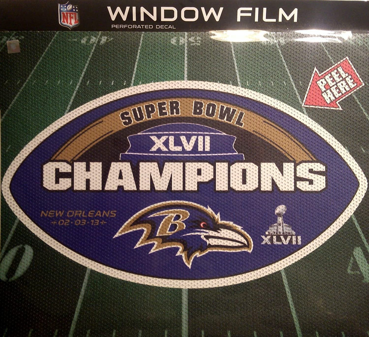 Baltimore Ravens Super Bowl XLVII Champions 12 Inch Preforated Window Film Decal Sticker, One-Way Vision, Adhesive Backing 1
