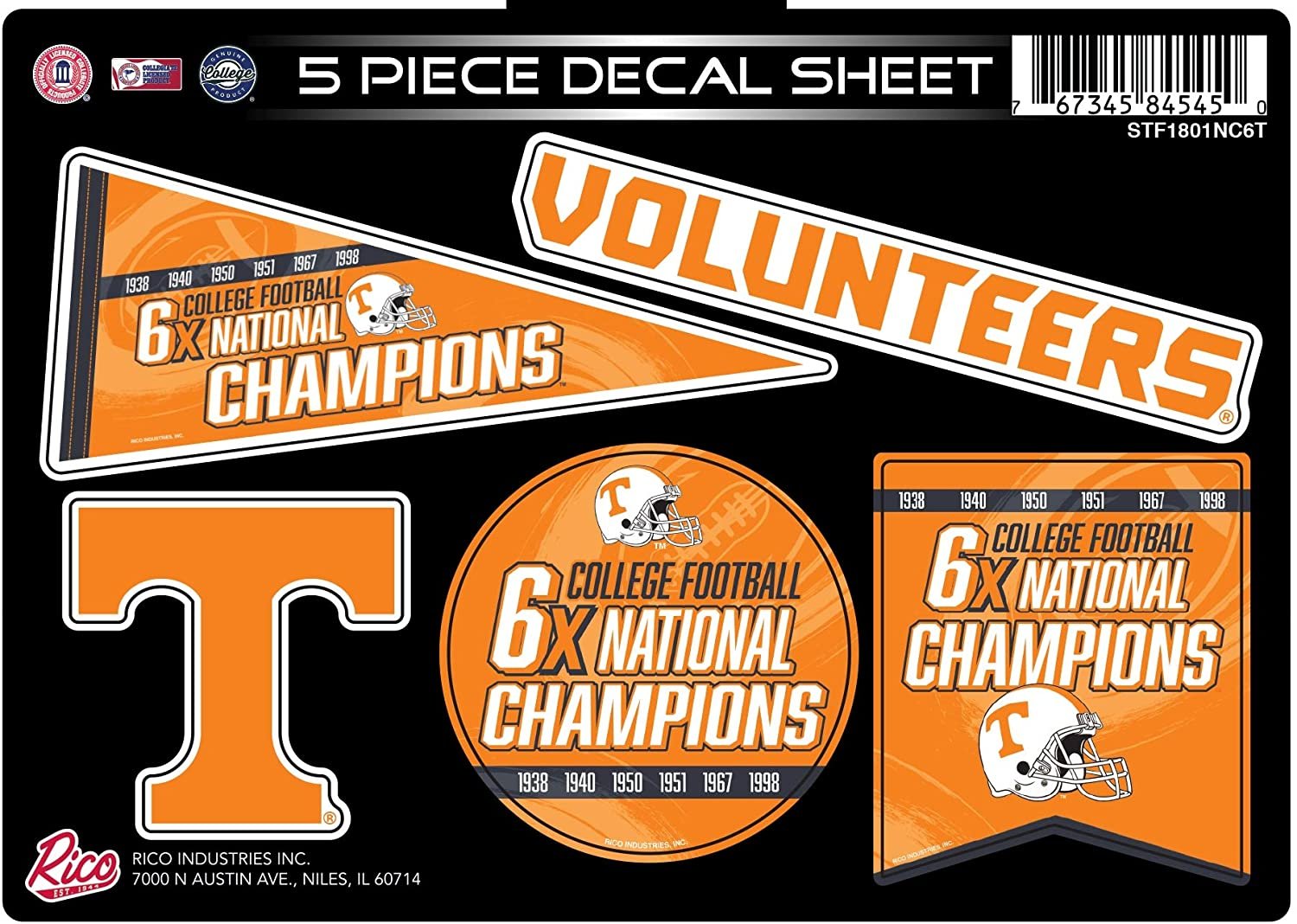 Tennessee Volunteers 6X Time Champions Decal Sticker Multi Sheet 5 Piece College Football Flat Vinyl Emblem University of 1