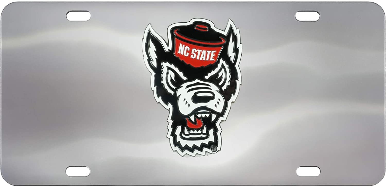 North Carolina State University Wolfpack License Plate Tag, Premium Stainless Steel Diecast, Chrome, Raised Solid Metal Color Emblem, 6x12 Inch