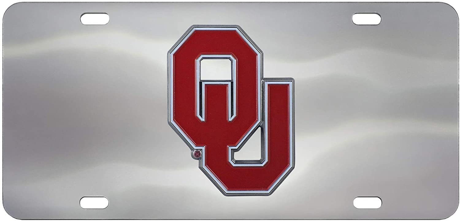 University of Oklahoma Sooners License Plate Tag, Premium Stainless Steel Diecast, Chrome, Raised Solid Metal Color Emblem, 6x12 Inch