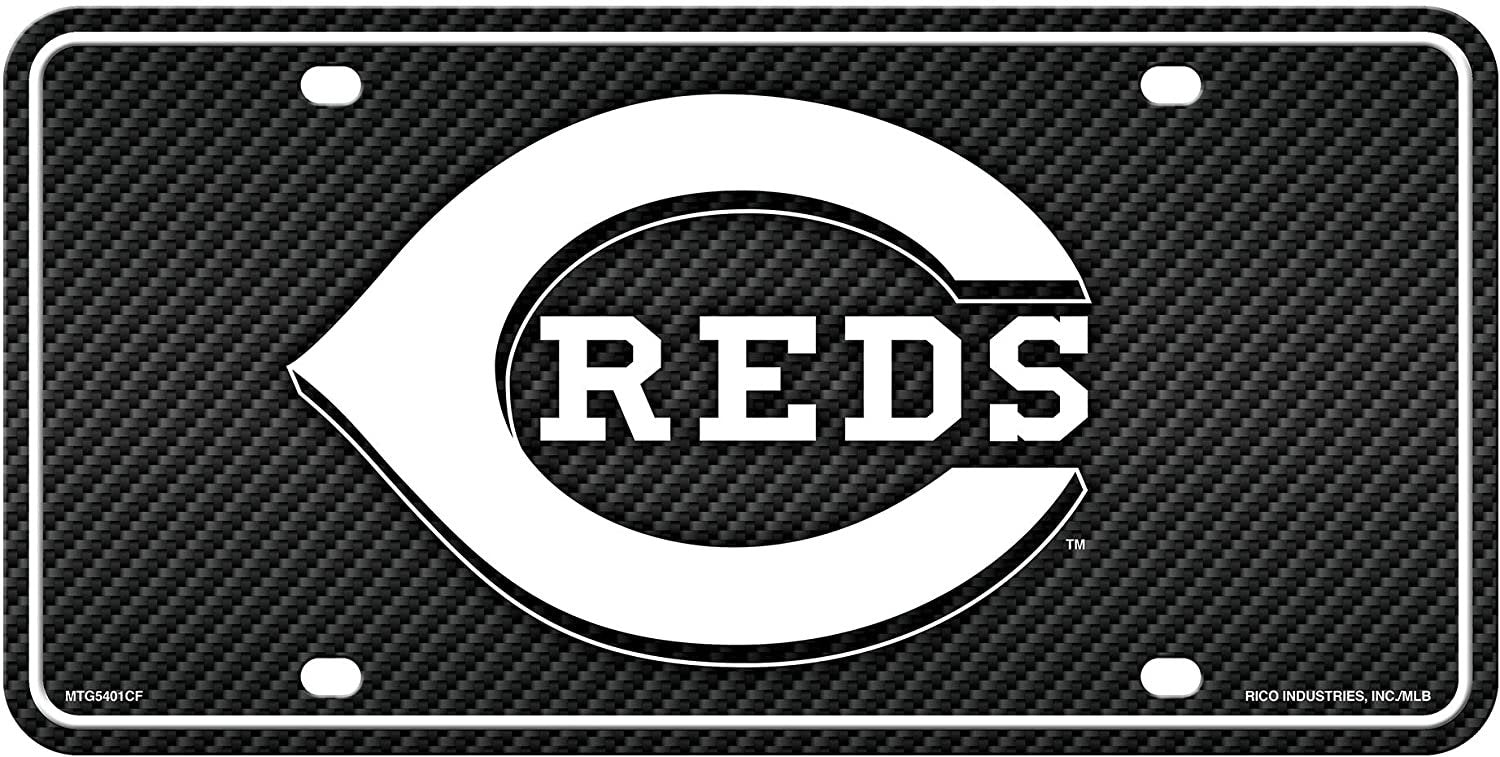 Cincinnati Reds Metal Auto Tag License Plate, Carbon Fiber Design, 6x12 Inch