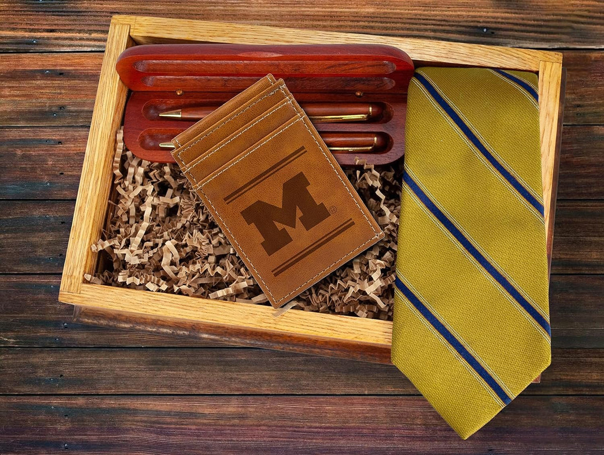 NCAA Michigan Wolverines Men’s Front ID Pocket Brown Wallet- Premium 8 Pocket Laser-Engraved Team Logo on Vegan Leather- Minimalist Design, Credit Card Holder- Ideal for Travel or Men’s Gift 4