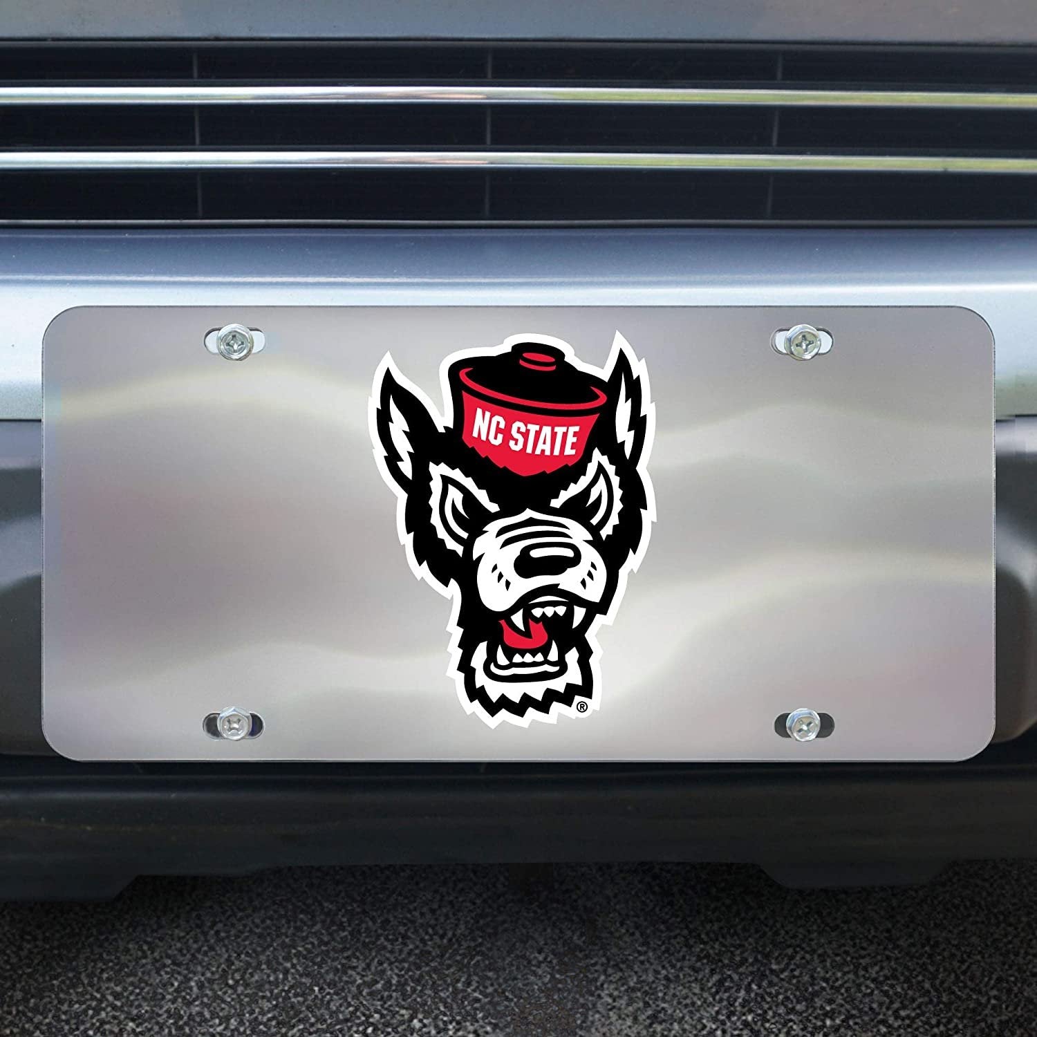 North Carolina State University Wolfpack License Plate Tag, Premium Stainless Steel Diecast, Chrome, Raised Solid Metal Color Emblem, 6x12 Inch