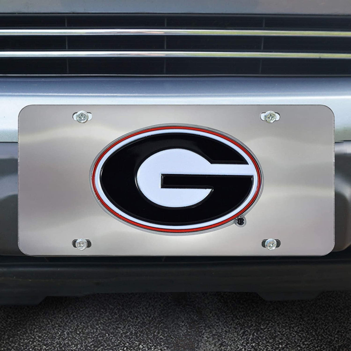 University of Georgia Bulldogs License Plate Tag, Premium Stainless Steel Diecast, Chrome, Raised Solid Metal Color Emblem, 6x12 Inch