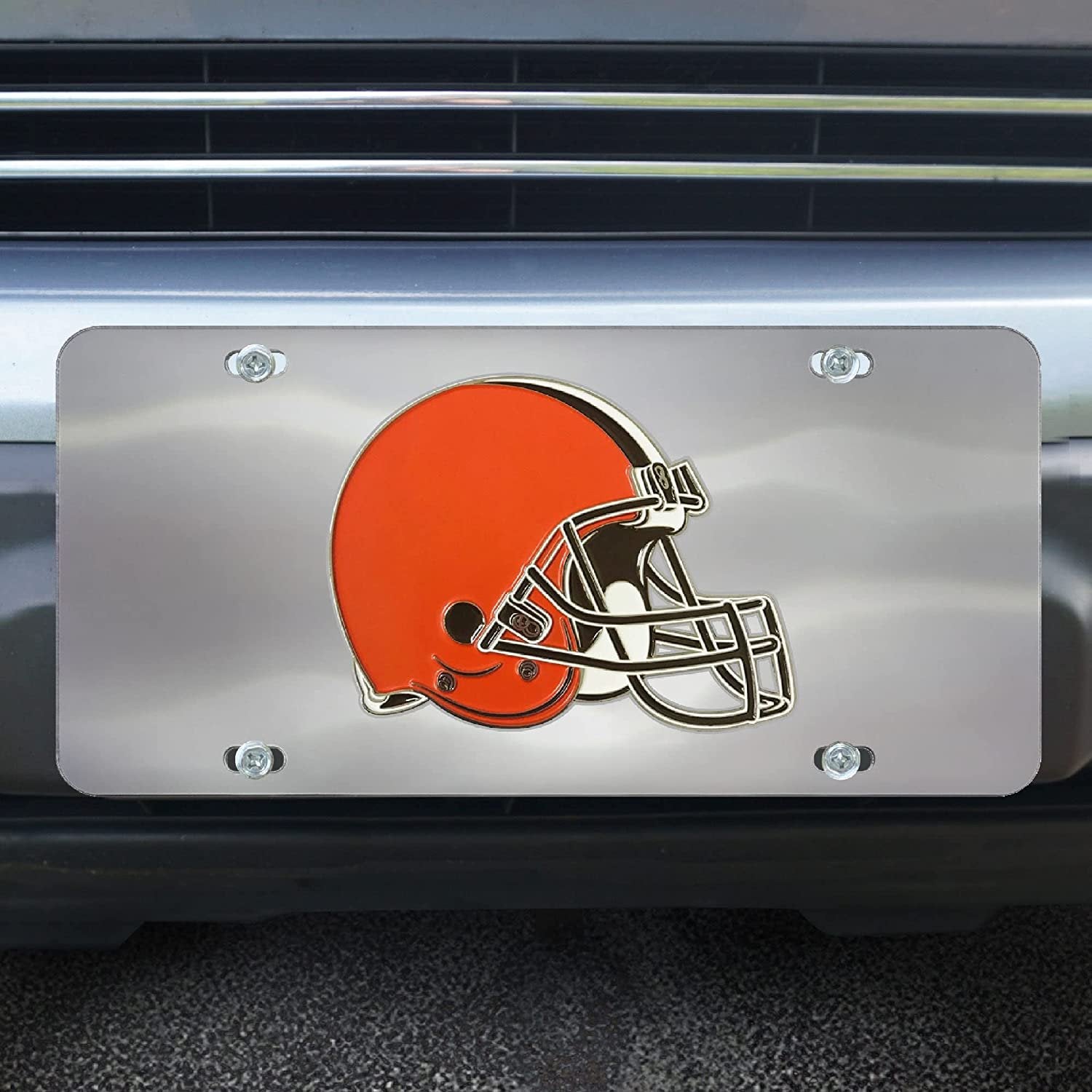 Cleveland Browns License Plate Tag, Premium Stainless Steel Diecast, Chrome, Raised Solid Metal Color Emblem, 6x12 Inch