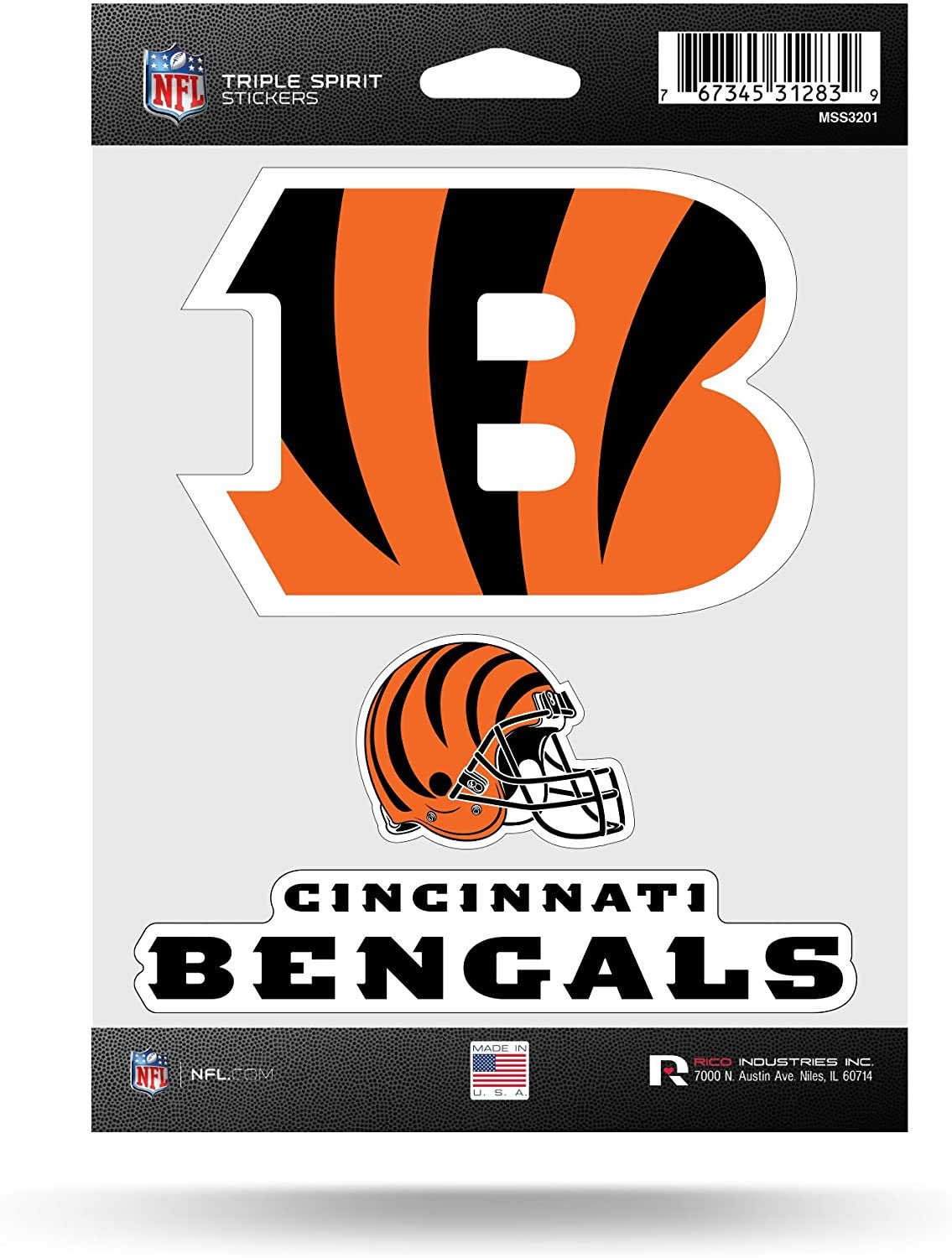 NFL Rico Industries Die Cut 3-Piece Triple Spirit Sticker Sheet, Cincinnati Bengals,Team Color,5 x 7-inches