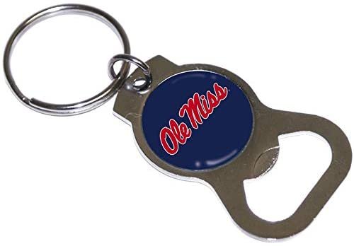 University of Mississippi Ole Miss Rebels Premium Solid Metal Bottle Opener Keychain, Silver Key Ring, Team Logo 1