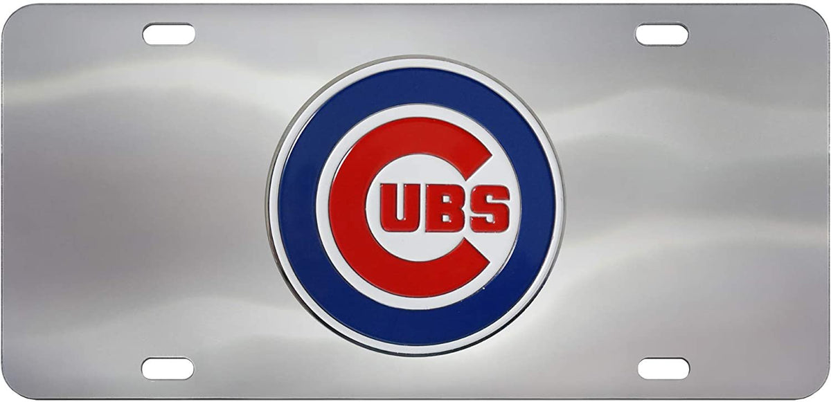 Chicago Cubs License Plate Tag, Premium Stainless Steel Diecast, Chrome, Raised Solid Metal Color Emblem, 6x12 Inch