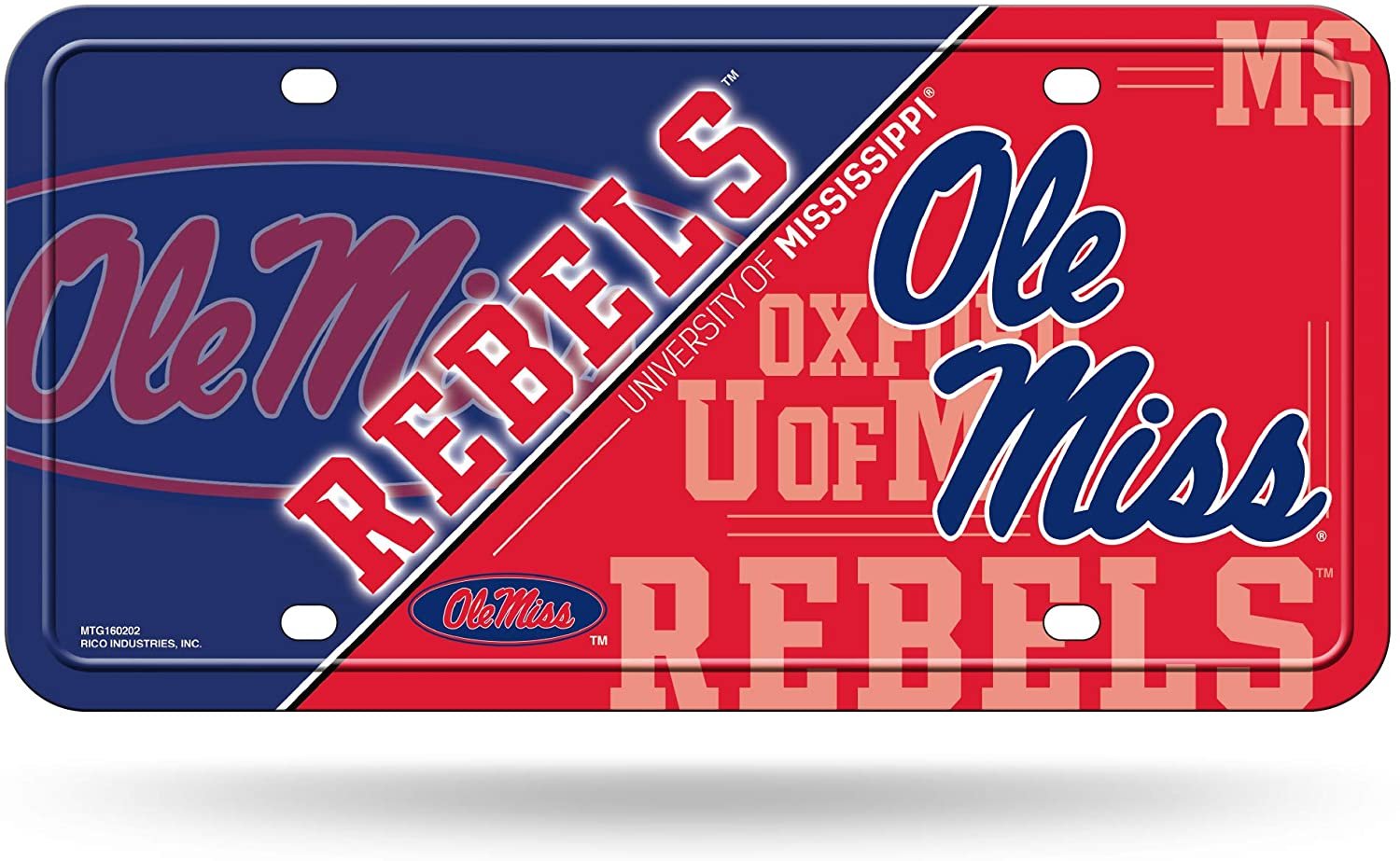 University of Mississippi Rebels Ole Miss Metal Auto Tag License Plate, Split Design, 6x12 Inch 1