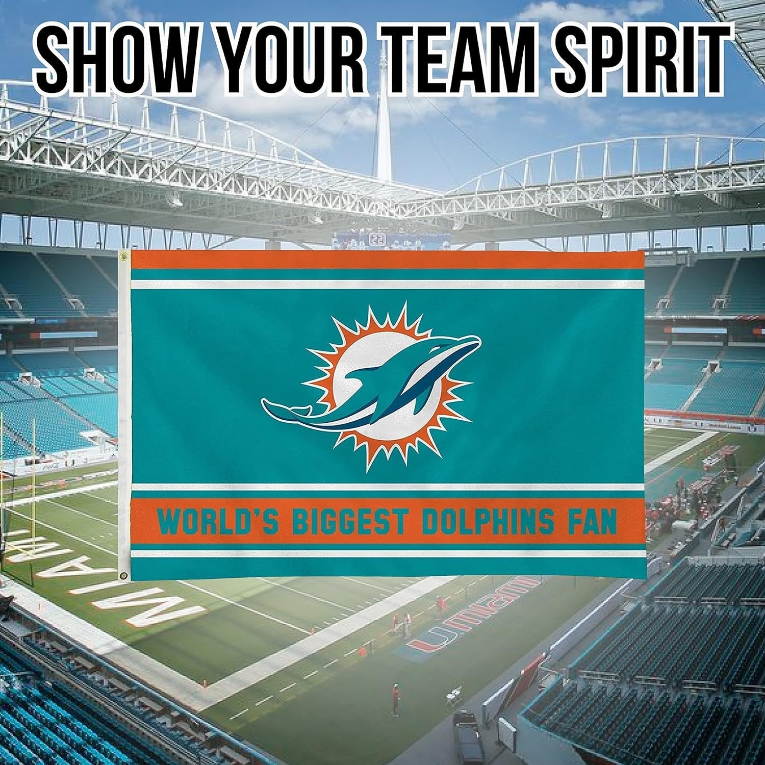 Miami Dolphins 3x5 Feet Flag Banner, World's Biggest Fan, Metal Grommets, Single Sided, Indoor or Outdoor Use 6