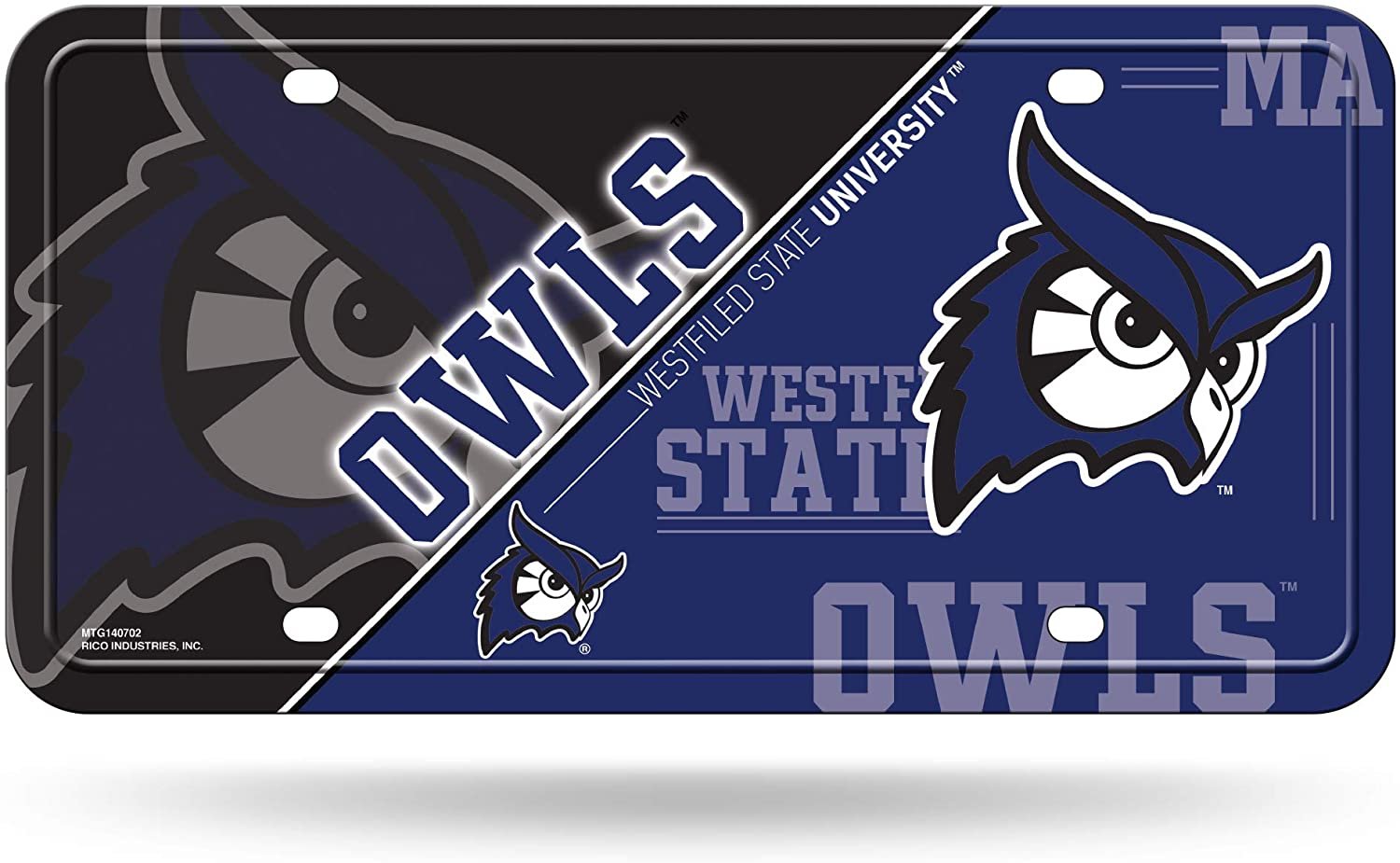 Westfield State University Owls Metal Auto Tag License Plate, Split Design, 6x12 Inch 1