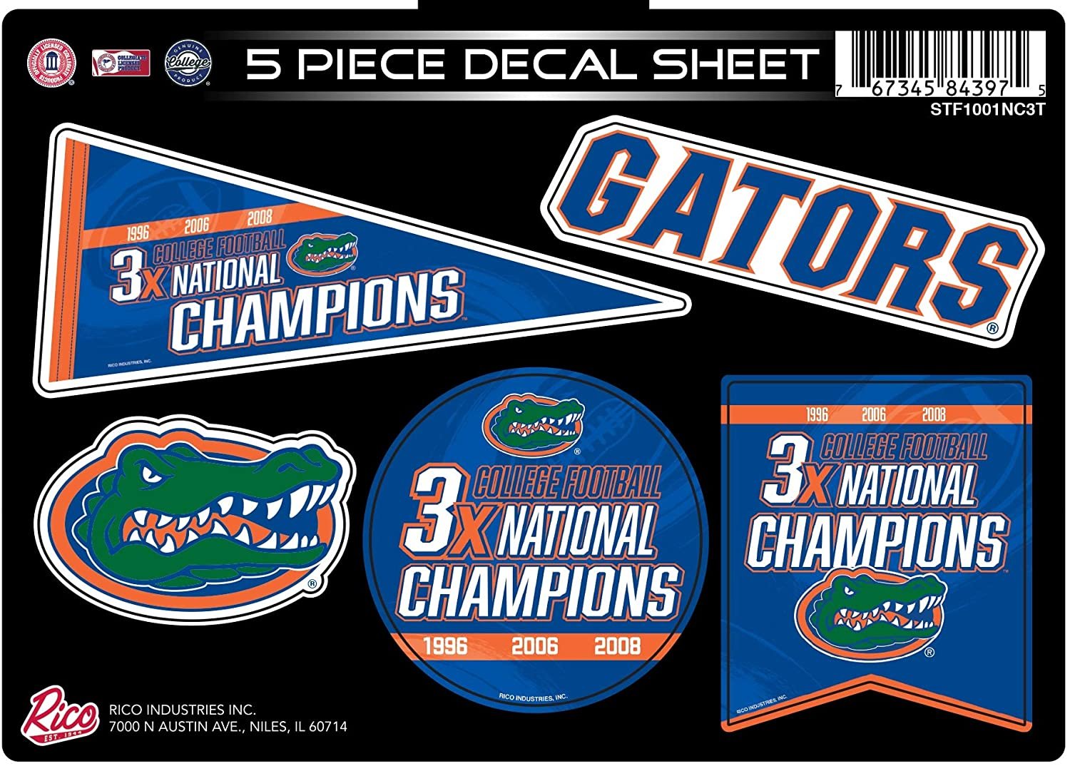 Florida Gators Decal Sticker Sheet 3X Time Champions 5 Piece Multi Flat Vinyl Emblem College Football University of 1