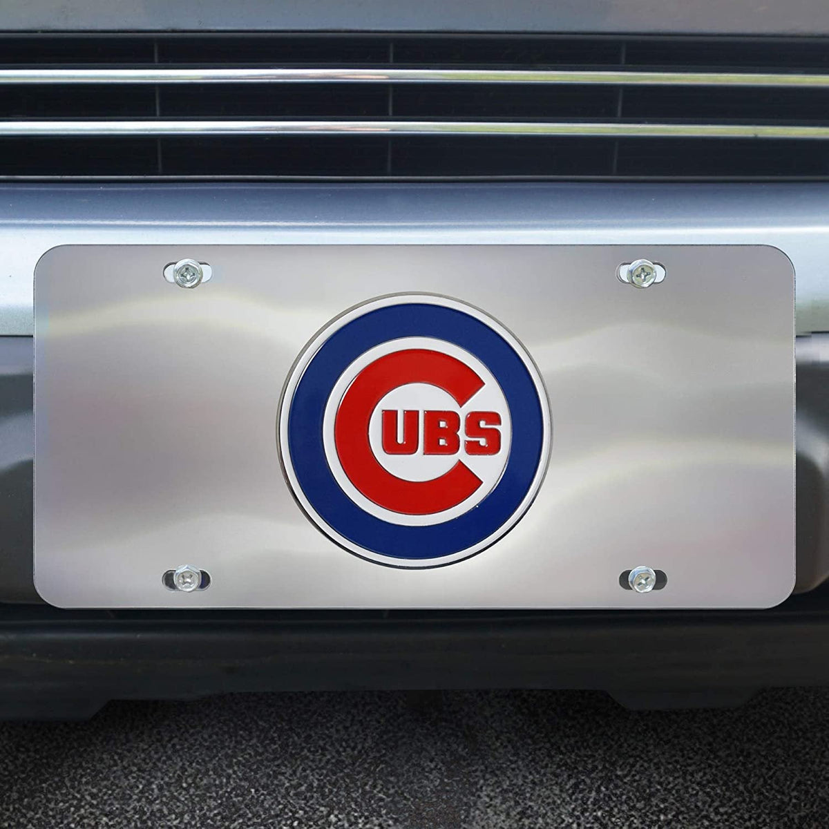 Chicago Cubs License Plate Tag, Premium Stainless Steel Diecast, Chrome, Raised Solid Metal Color Emblem, 6x12 Inch