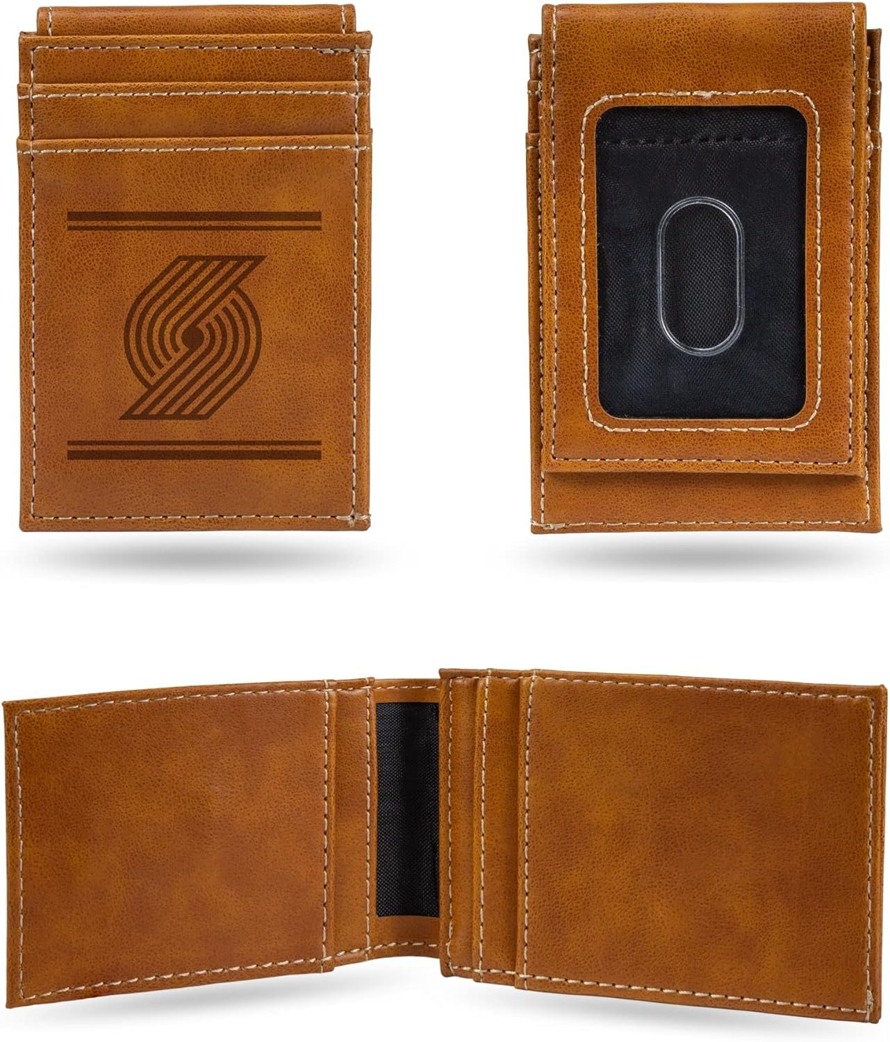 Rico Industries NBA Portland Trail Blazers Premium Laser Engraved Vegan Brown Leather Front Pocket Wallet - Compact and Slim yet Sturdy Design - Perfect to Show Your Team Pride or Gift 1