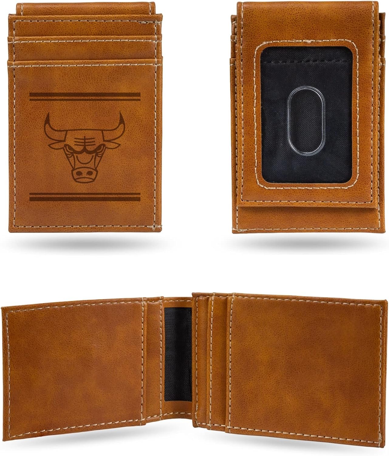 Rico Industries NBA Chicago Bulls Premium Laser Engraved Vegan Brown Leather Front Pocket Wallet - Compact and Slim yet Sturdy Design - Perfect to Show Your Team Pride or Gift 1