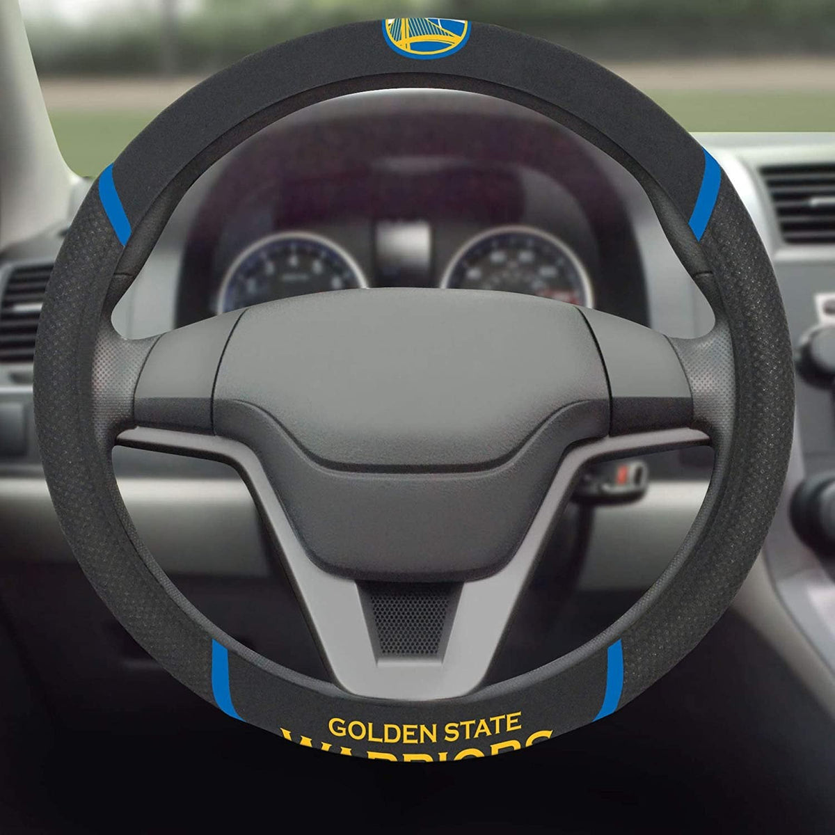 Golden State Warriors Steering Wheel Cover Premium Embroidered Black 15 Inch 3
