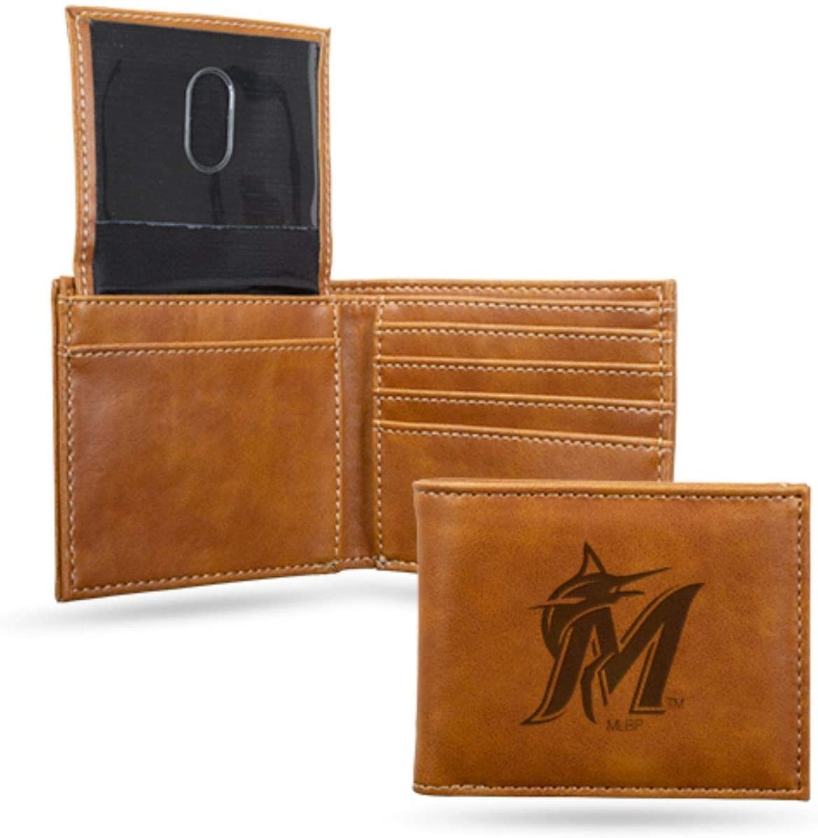 Miami Marlins Premium Brown Leather Wallet, Bifold Billfold, Embossed Laser Engraved 1