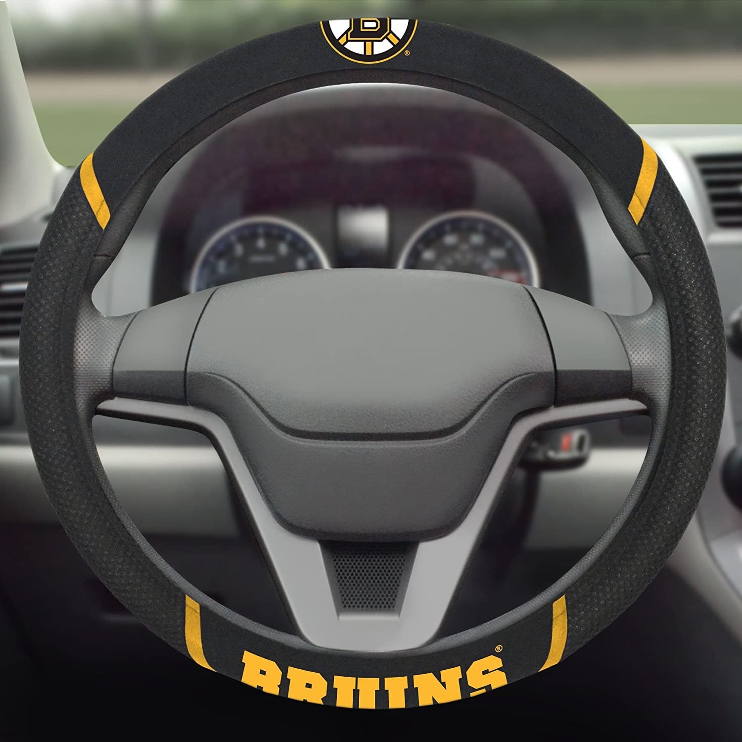 Boston Bruins Steering Wheel Cover Premium Embroidered Black 15 Inch 3