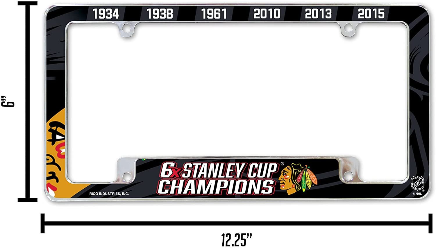 Chicago Blackhawks 6X Champions 6-Time Metal License Plate Frame Chrome Tag Cover 6x12 Inch 4