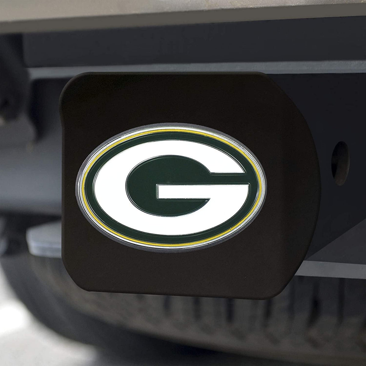 Green Bay Packers Hitch Cover Solid Black Metal with Color Metal Emblem 2" Square Type III