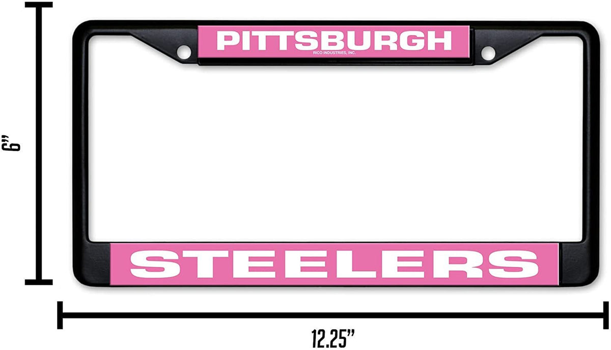 Pittsburgh Steelers Black Metal License Plate Frame Chrome Tag Cover Pink Inserts 6x12 Inch 5