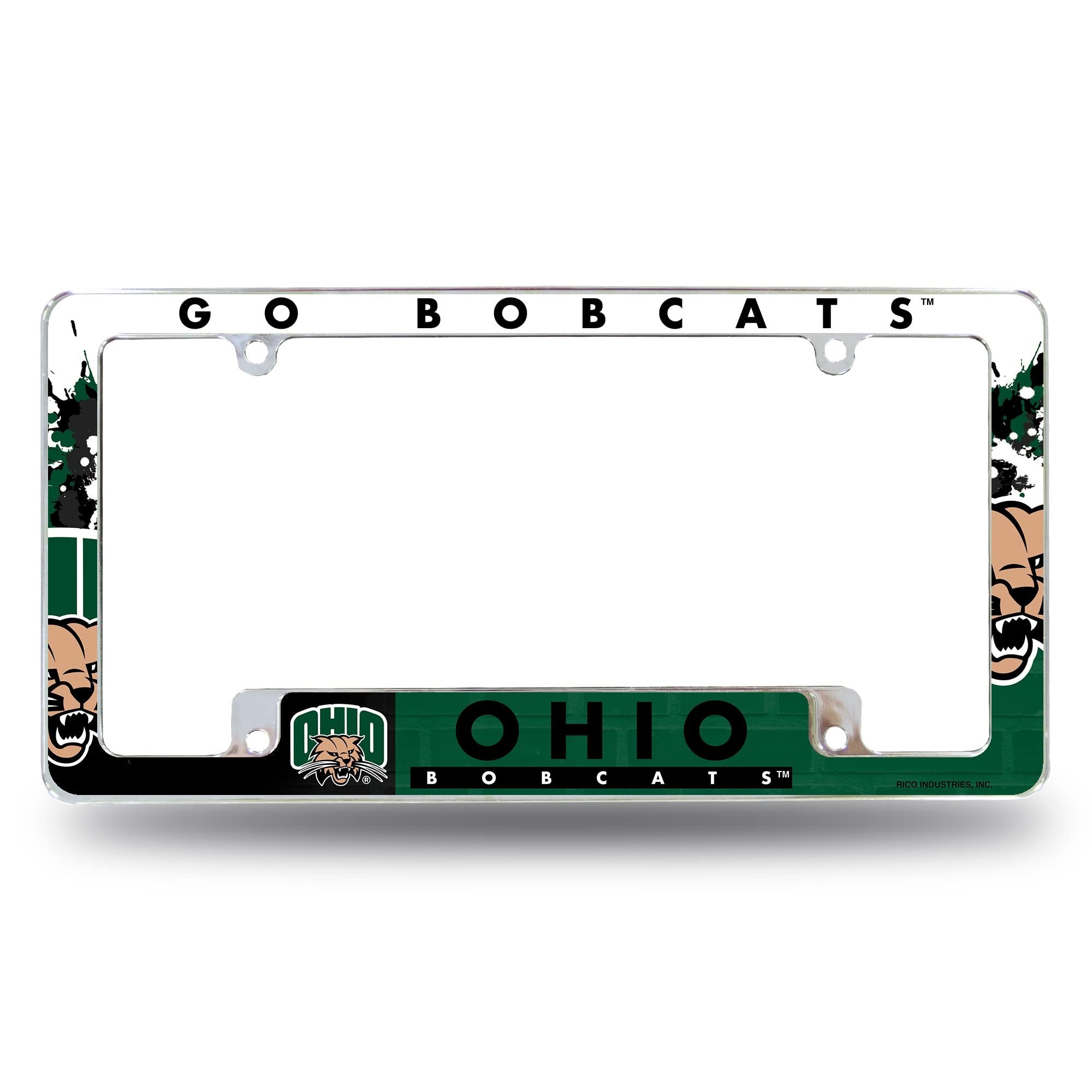University of Ohio Bobcats Metal License Plate Frame Chrome Tag Cover, All Over Design, 6x12 Inch