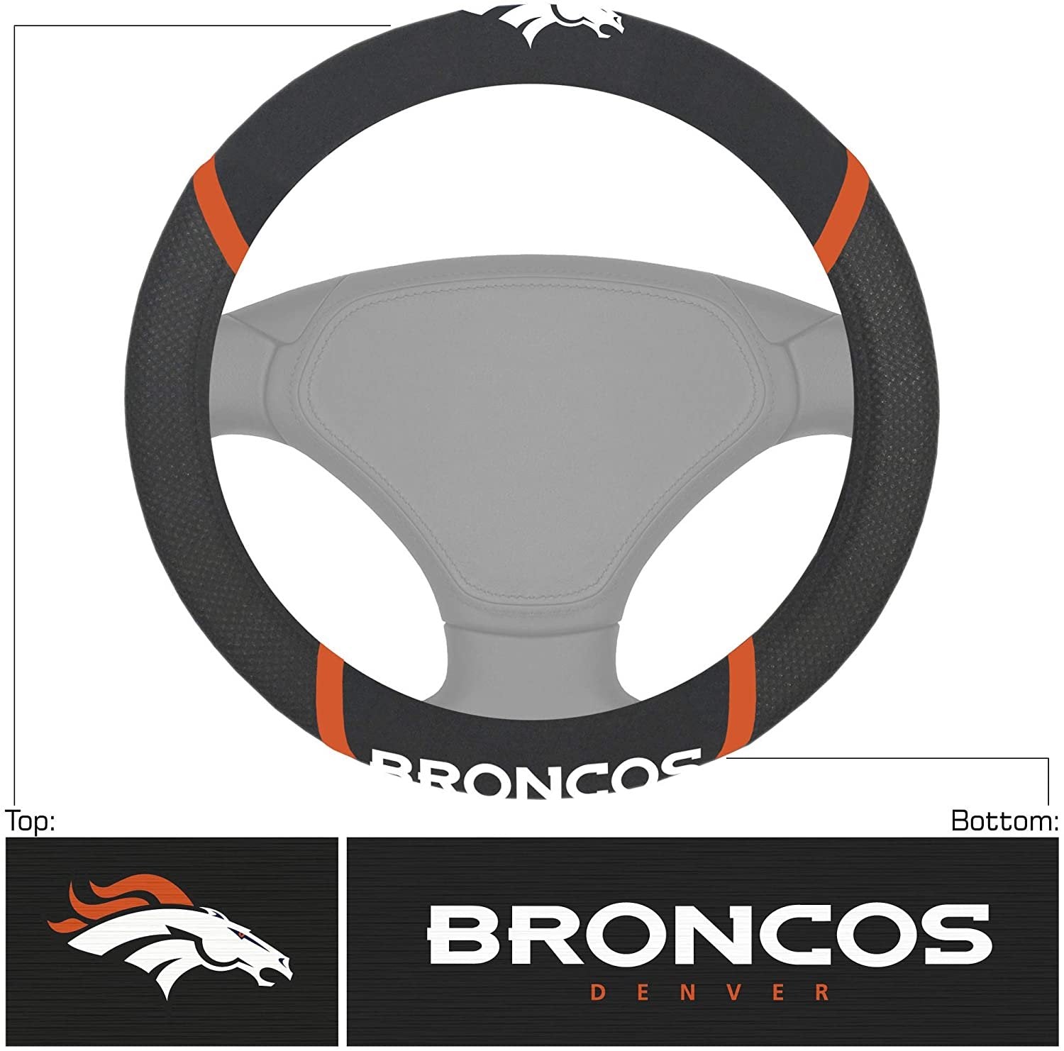 Denver Broncos Premium 15 Inch Black Emroidered Steering Wheel Cover