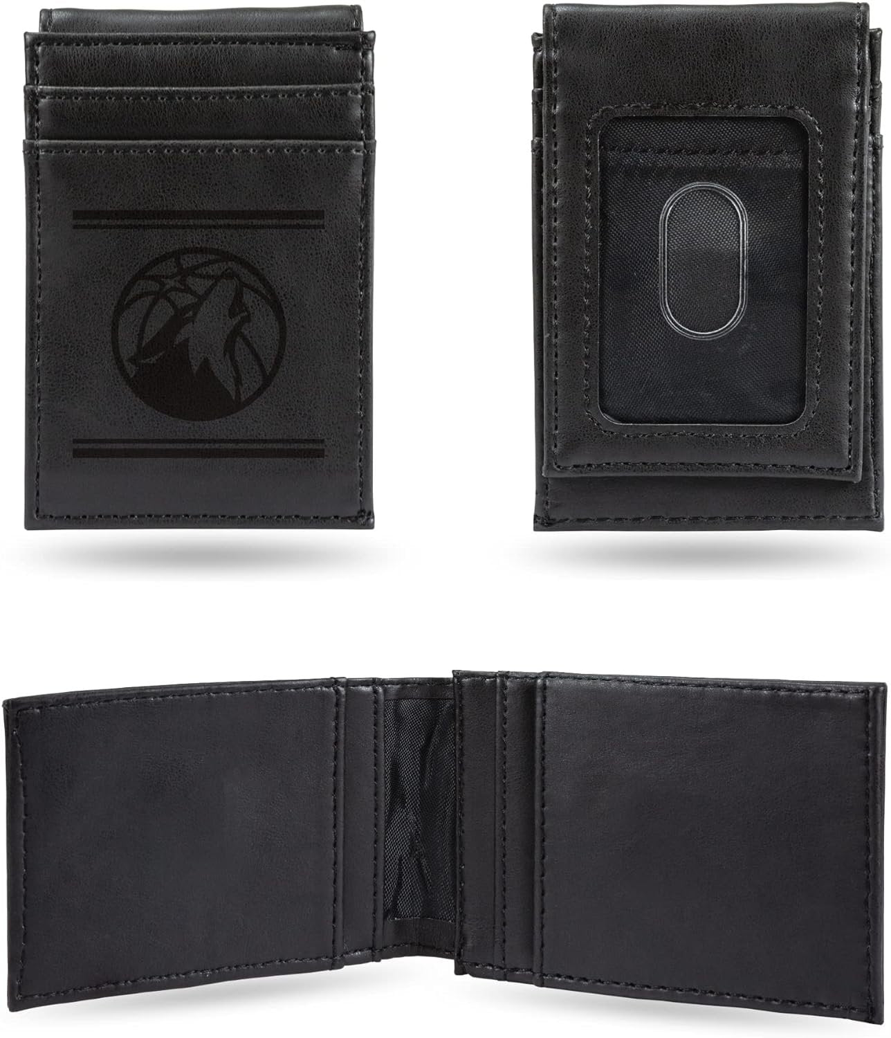 Minnesota Timberwolves Premium Black Leather Wallet, Front Pocket Magnetic Money Clip, Laser Engraved, Vegan 1
