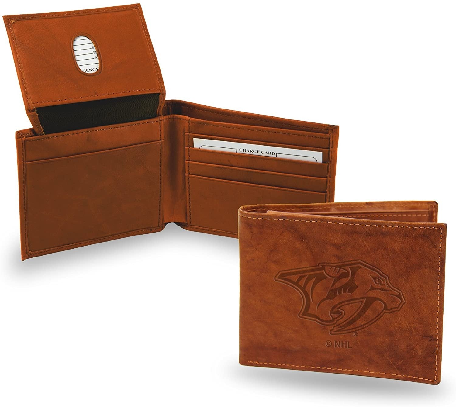 Nashville Predators Premium Brown Leather Wallet, Bifold Billfold, Embossed Laser Engraved