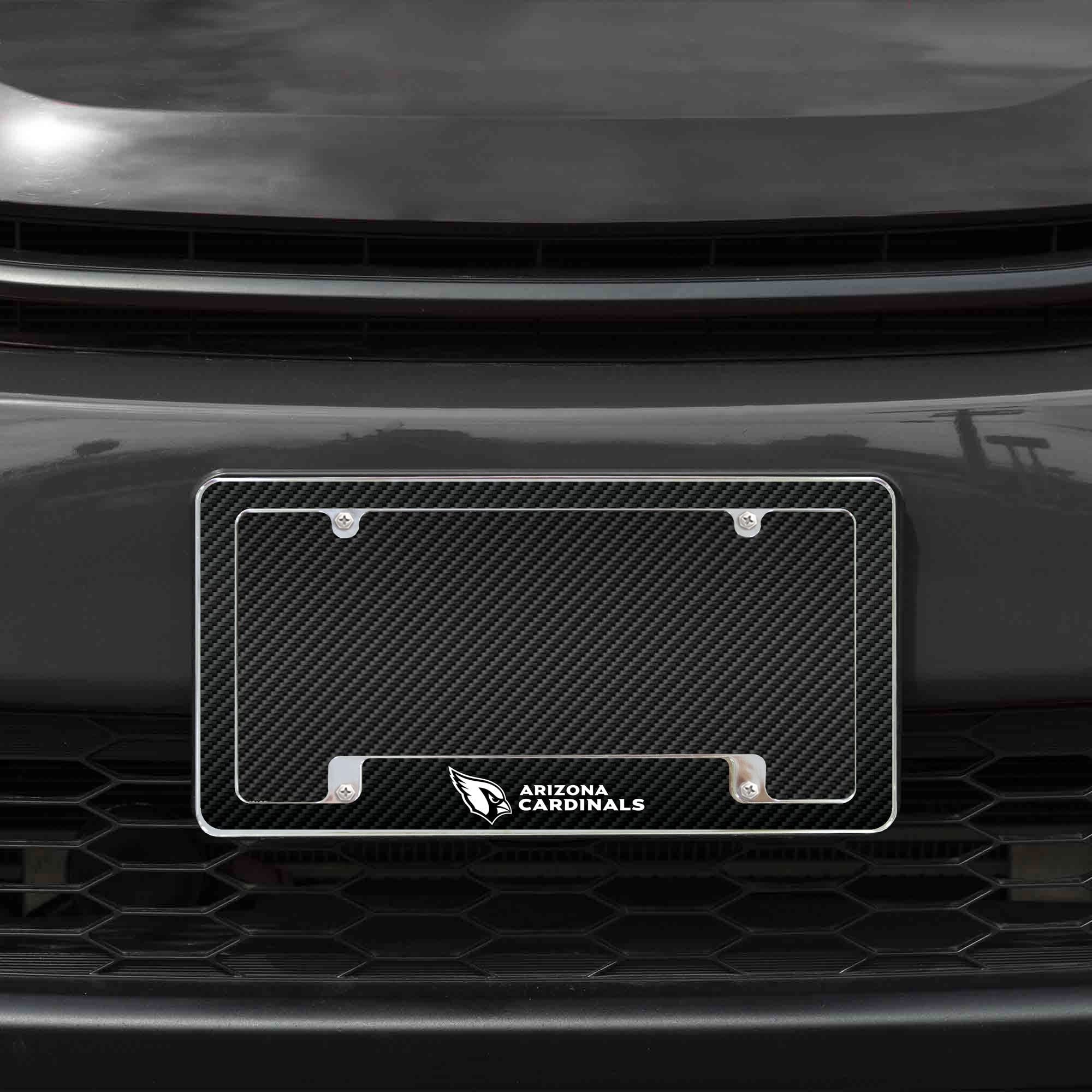 Arizona Cardinals Chrome Metal License Plate Frame Tag Cover, Carbon Fiber Design, 12x6 Inch