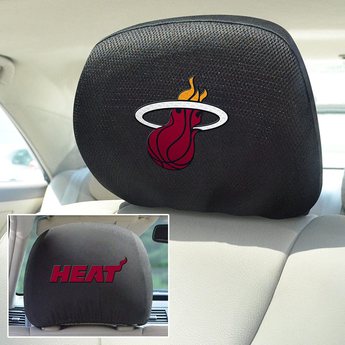 Miami Heat Pair of Premium Auto Head Rest Covers, Embroidered, Black Elastic, 14x10 Inch 2