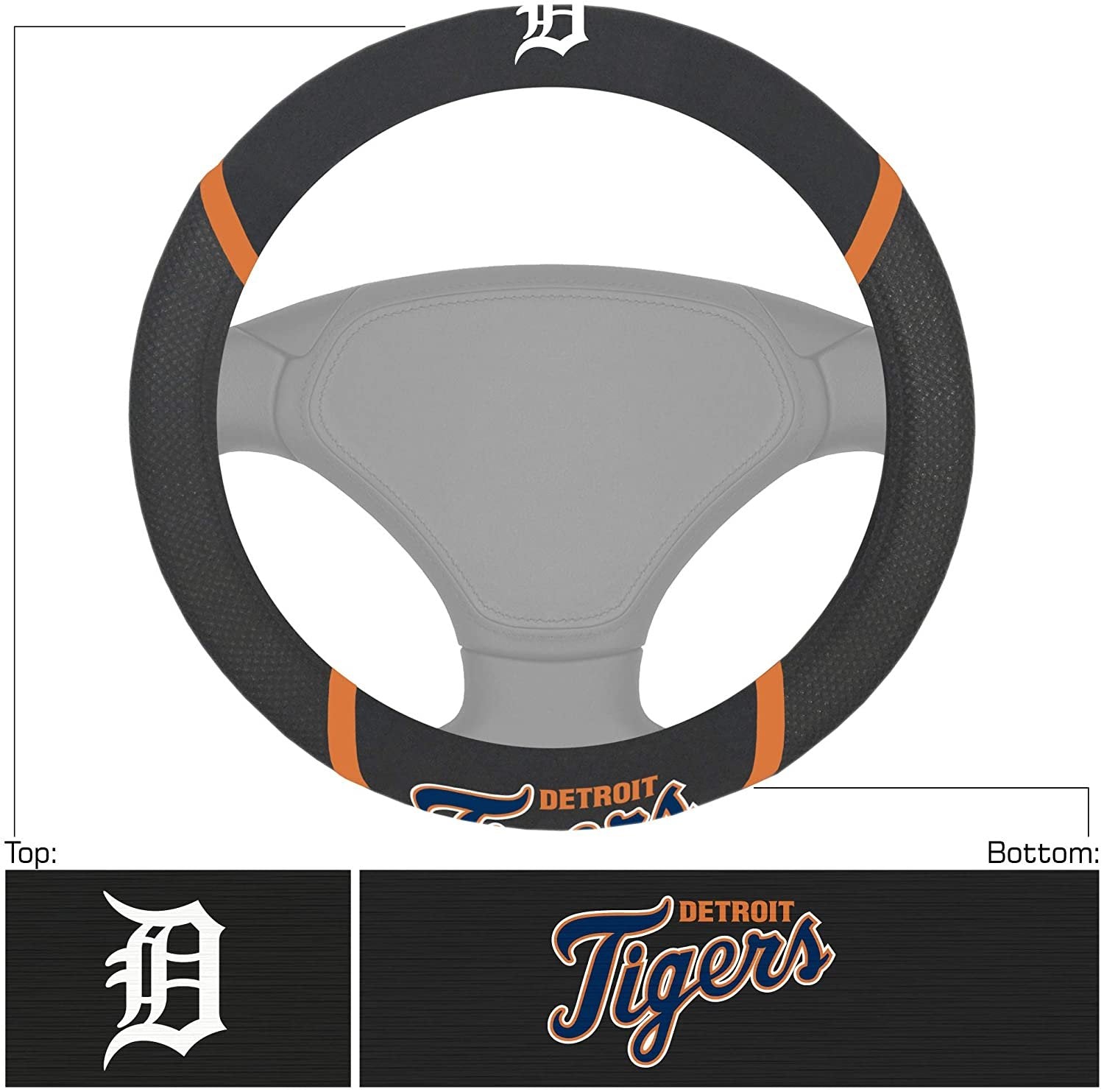 Detroit Tigers Steering Wheel Cover Premium Embroidered Black 15 Inch 2