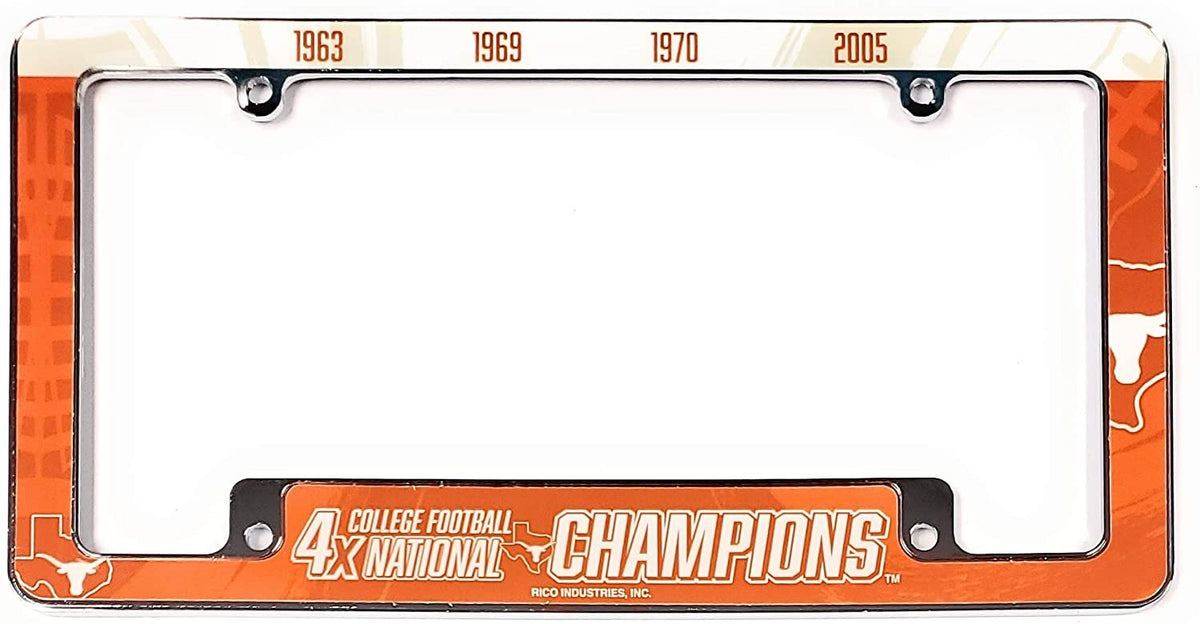 University of Texas Longhorns 4X Time Champions Metal License Plate Frame Chrome Tag Cover, All Over Design, 6x12 Inch