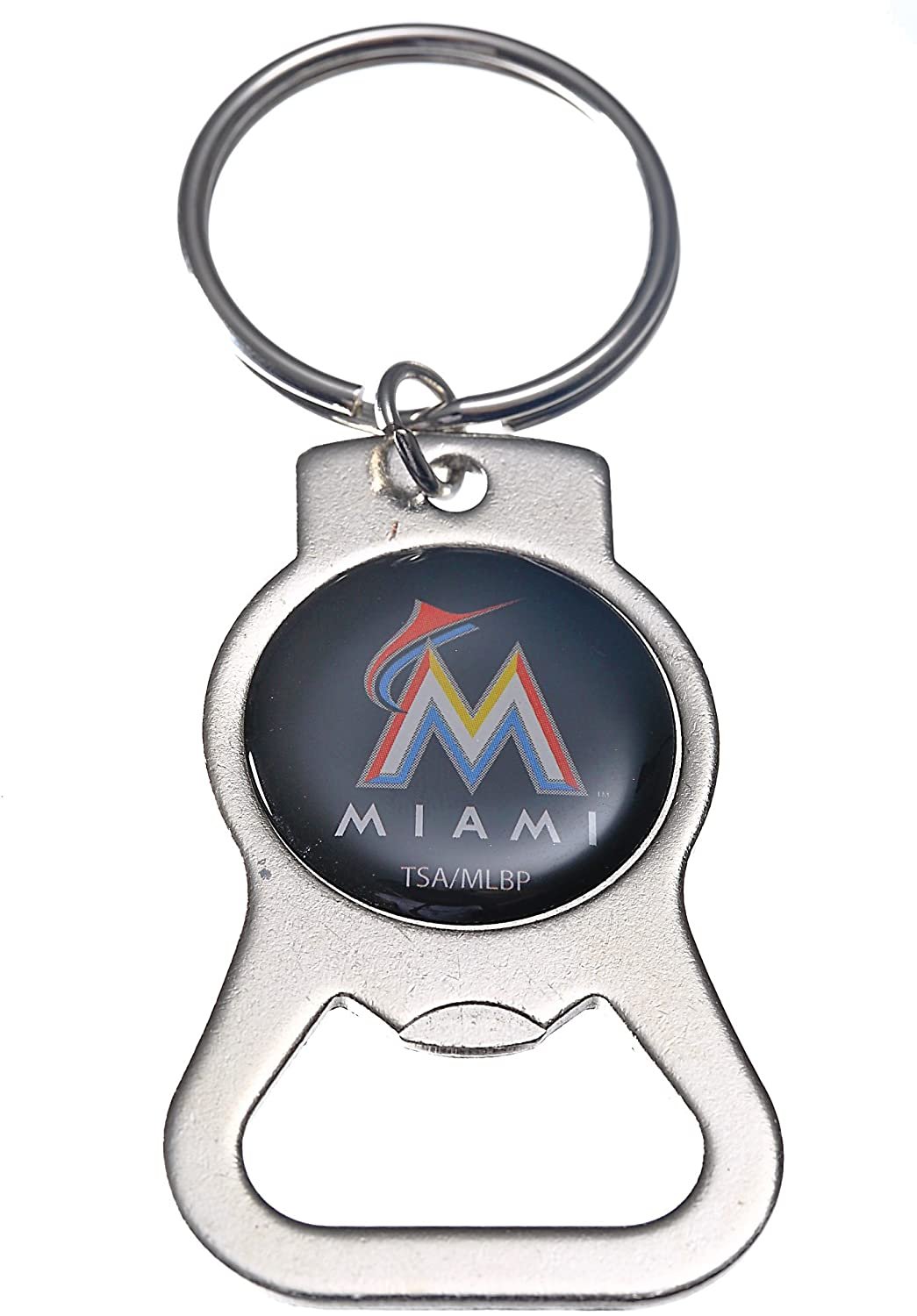 Miami Marlins Premium Solid Metal Bottle Opener Keychain, Silver Key Ring, Team Logo 1