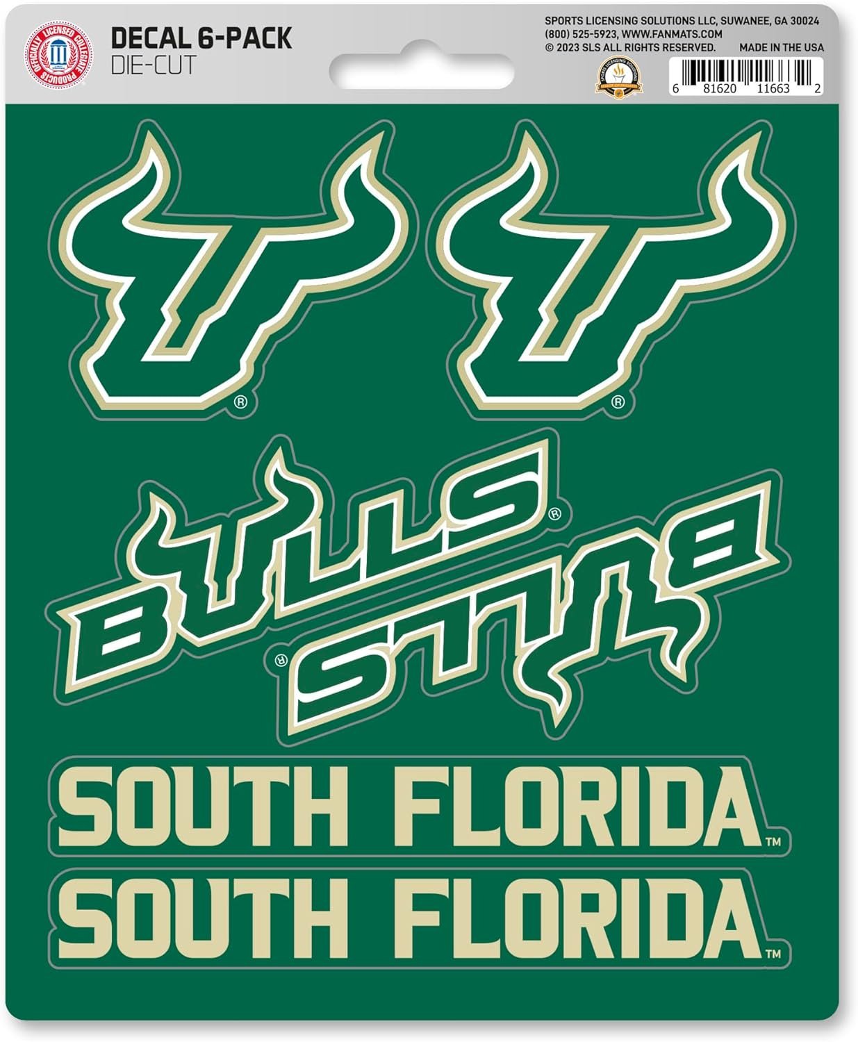 University of South Florida USF Bulls 6-Piece Decal Sticker Set, 5x6 Inch Sheet, Gift for football fans for any hard surfaces around home, automotive, personal items 1
