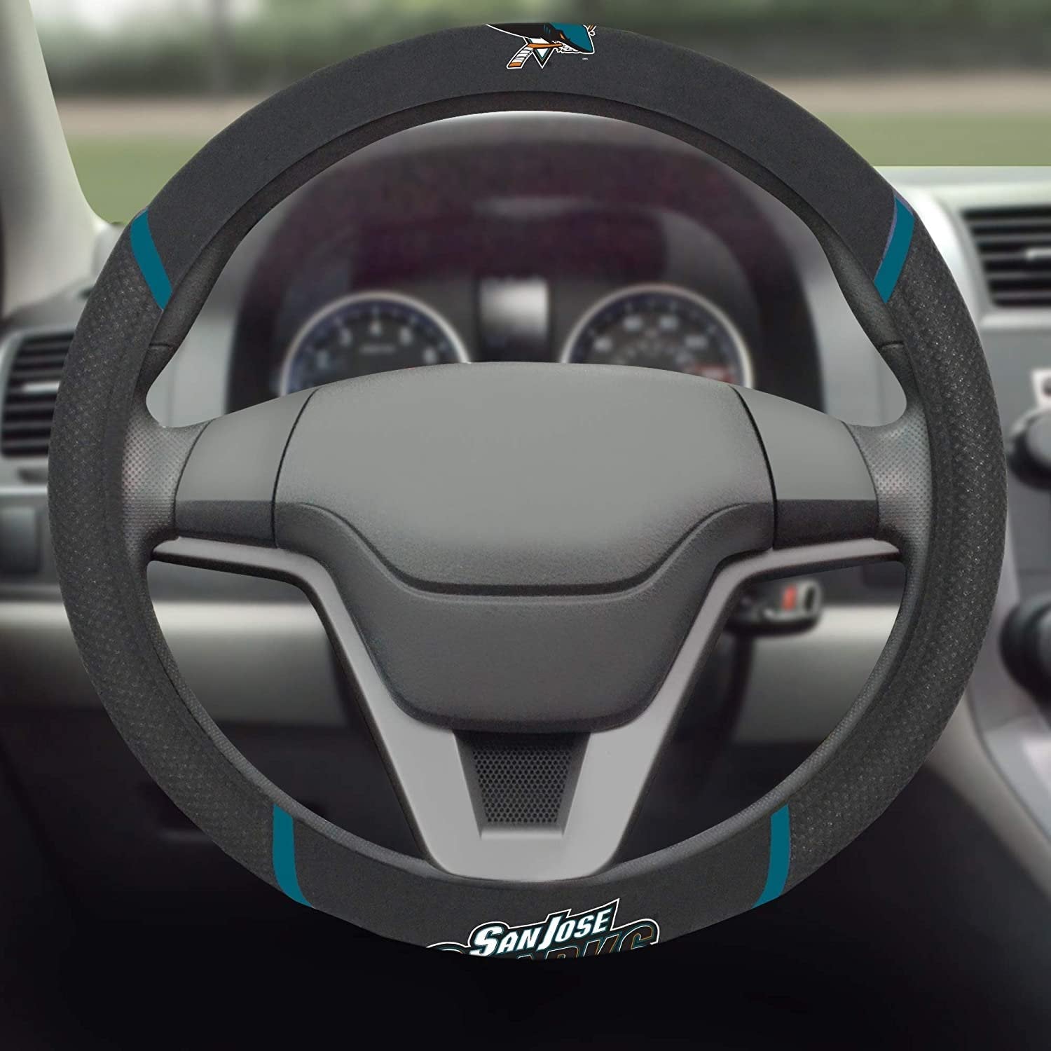 San Jose Sharks Steering Wheel Cover Premium Embroidered Black 15 Inch 3