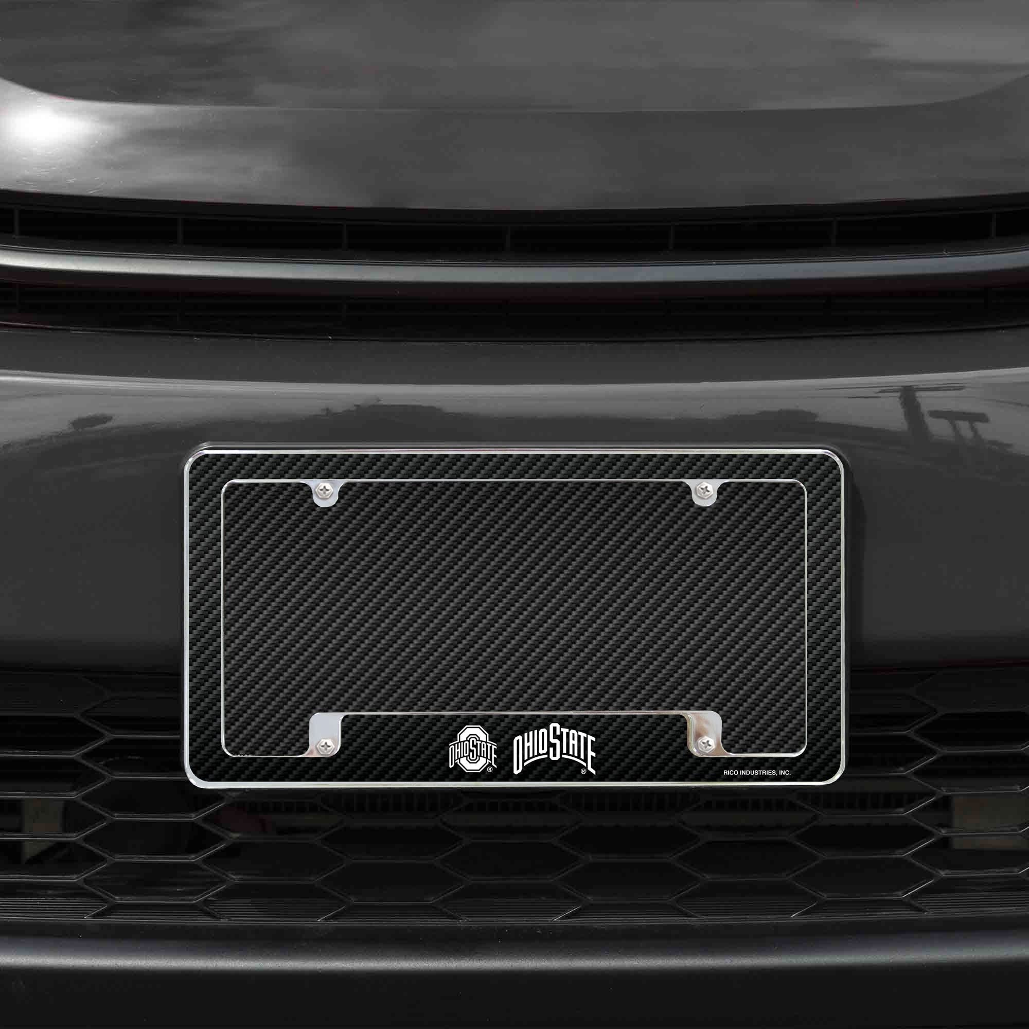 Ohio State University Buckeyes Metal License Plate Frame Chrome Tag Cover, Carbon Fiber Design, 6x12 Inch