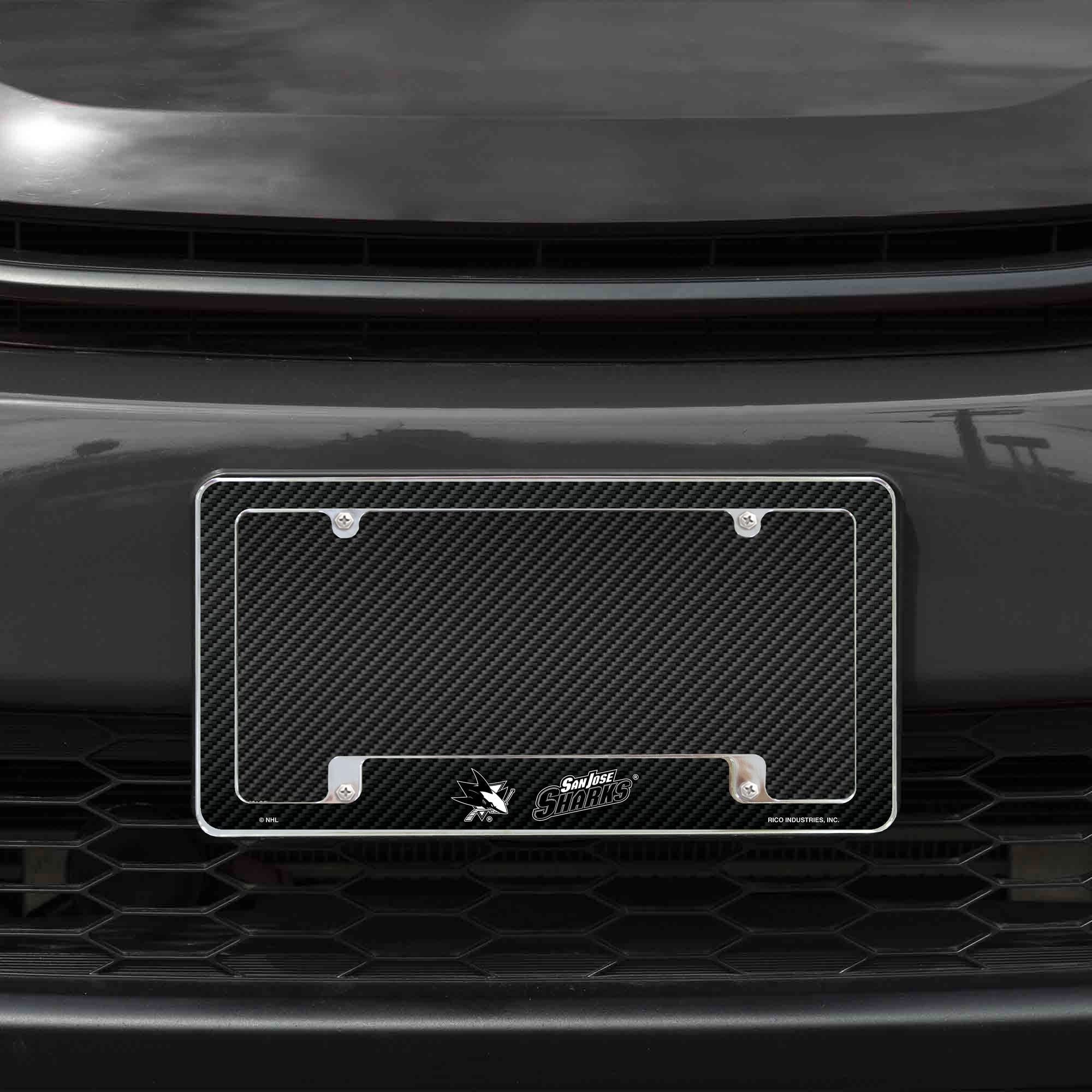 San Jose Sharks Metal License Plate Frame Chrome Tag Cover, Carbon Fiber Design, 6x12 Inch