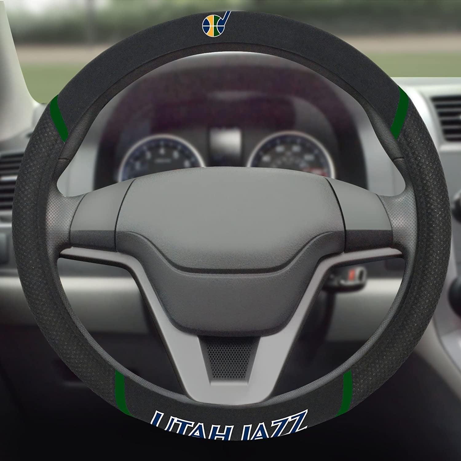 Utah Jazz Steering Wheel Cover Premium Embroidered Black 15 Inch 3