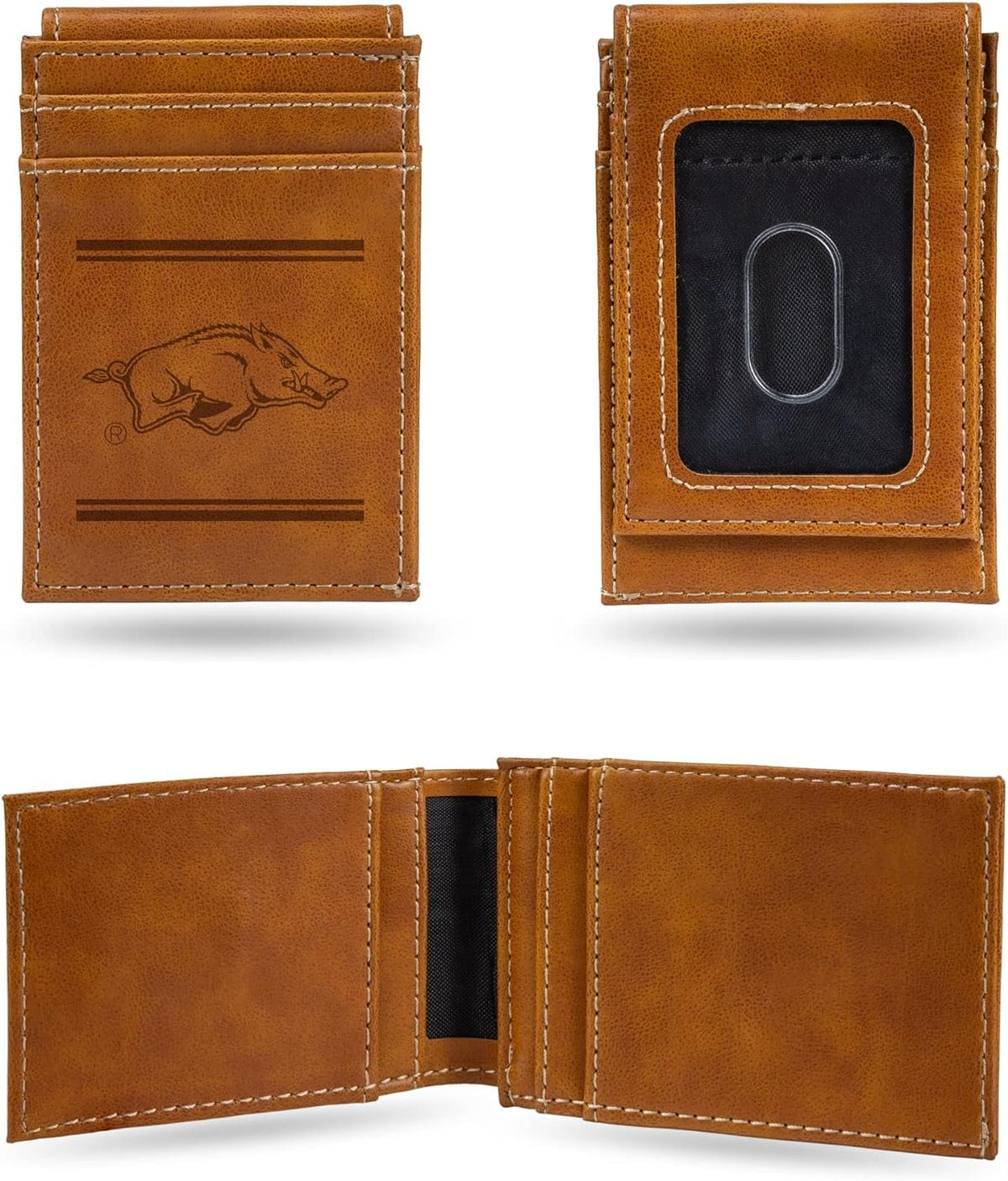 NCAA Arkansas Razorbacks Men’s Front ID Pocket Brown Wallet- Premium 8 Pocket Laser-Engraved Team Logo on Vegan Leather- Minimalist Design, Credit Card Holder- Ideal for Travel or Men’s Gift