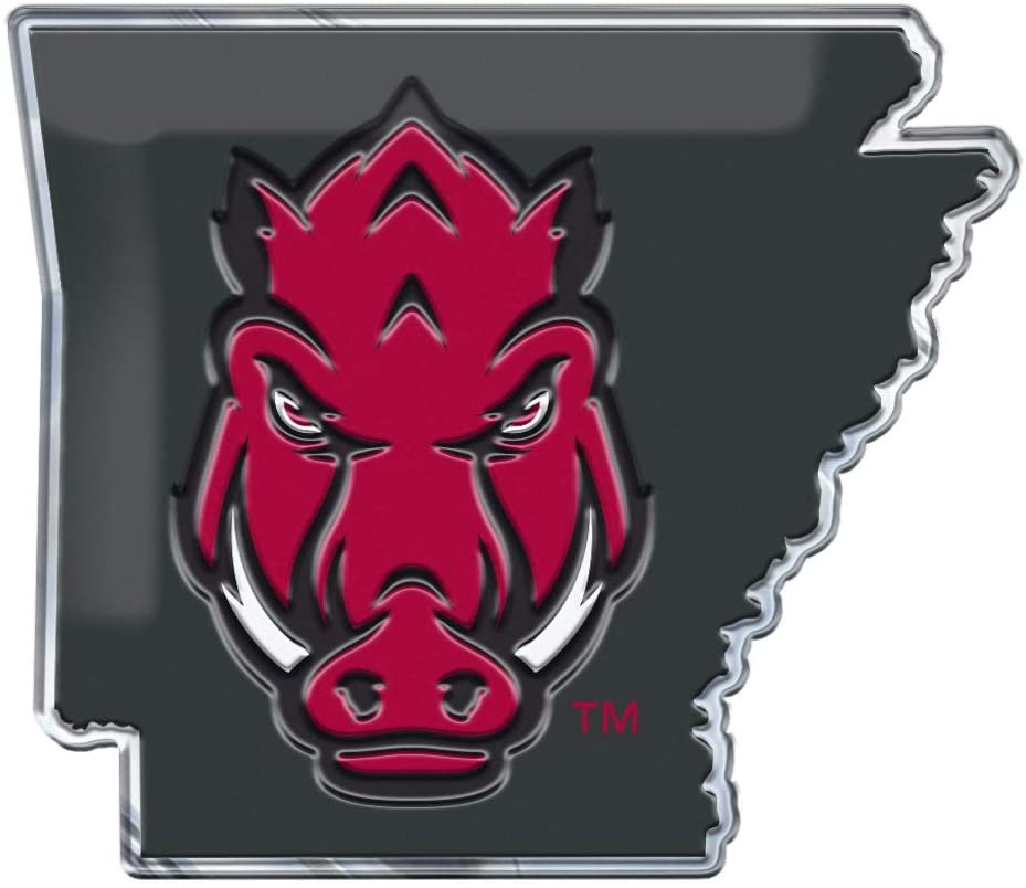 University of Arkansas Razorbacks Team State Design Auto Emblem, Aluminum Metal, Embossed Team Color, Raised Decal Sticker, Full Adhesive Backing 1
