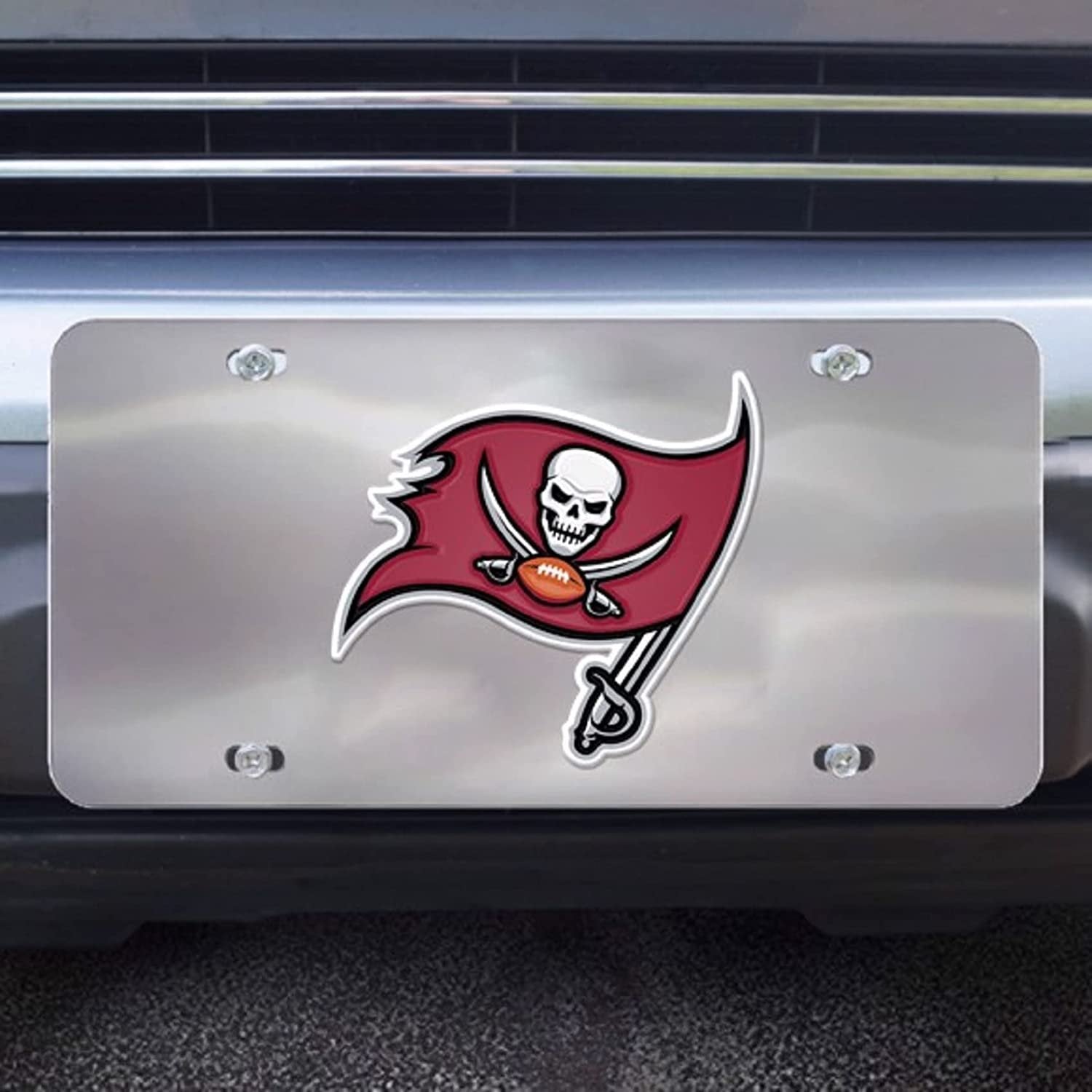 Tampa Bay Buccaneers License Plate Tag, Premium Stainless Steel Diecast, Chrome, Raised Solid Metal Color Emblem, 6x12 Inch