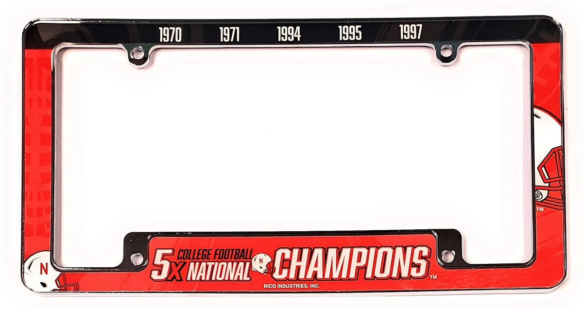University of Nebraska Cornhuskers 5X Time Champions Metal License Plate Frame Chrome Tag Cover, All Over Design, 6x12 Inch