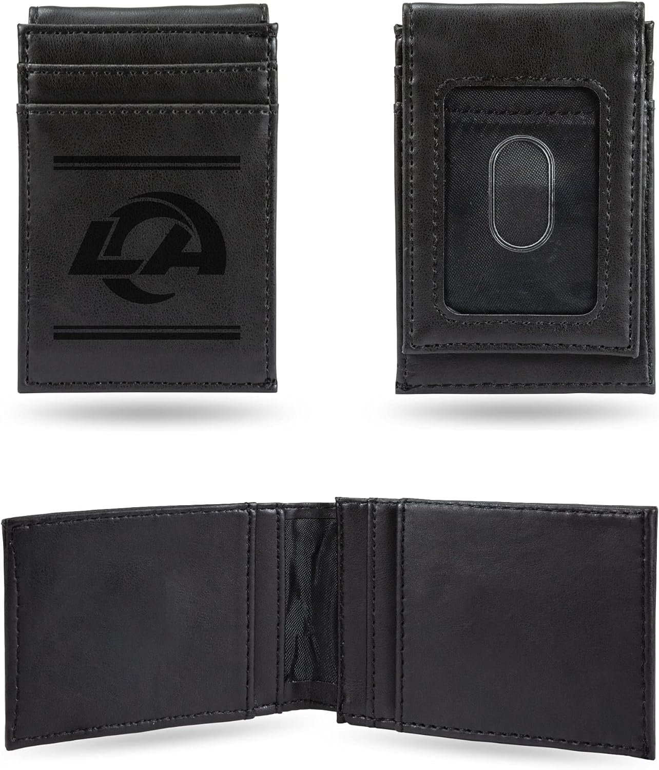 Los Angeles Rams Premium Black Leather Wallet, Front Pocket Magnetic Money Clip, Laser Engraved, Vegan 1