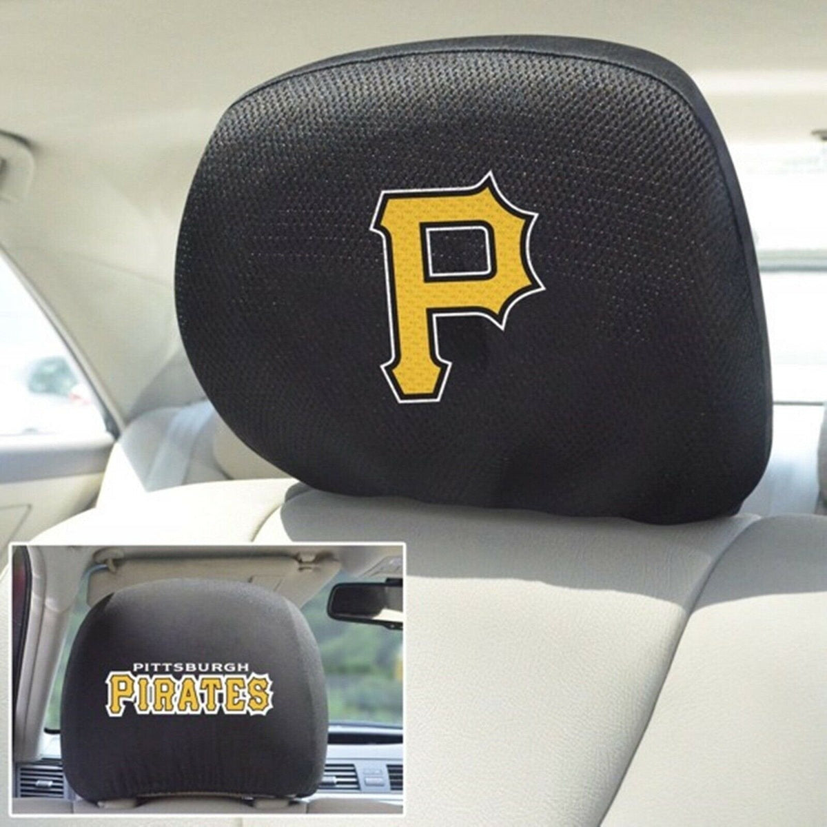 Pittsburgh Pirates Pair of Premium Auto Head Rest Covers, Embroidered, Black Elastic, 14x10 Inch