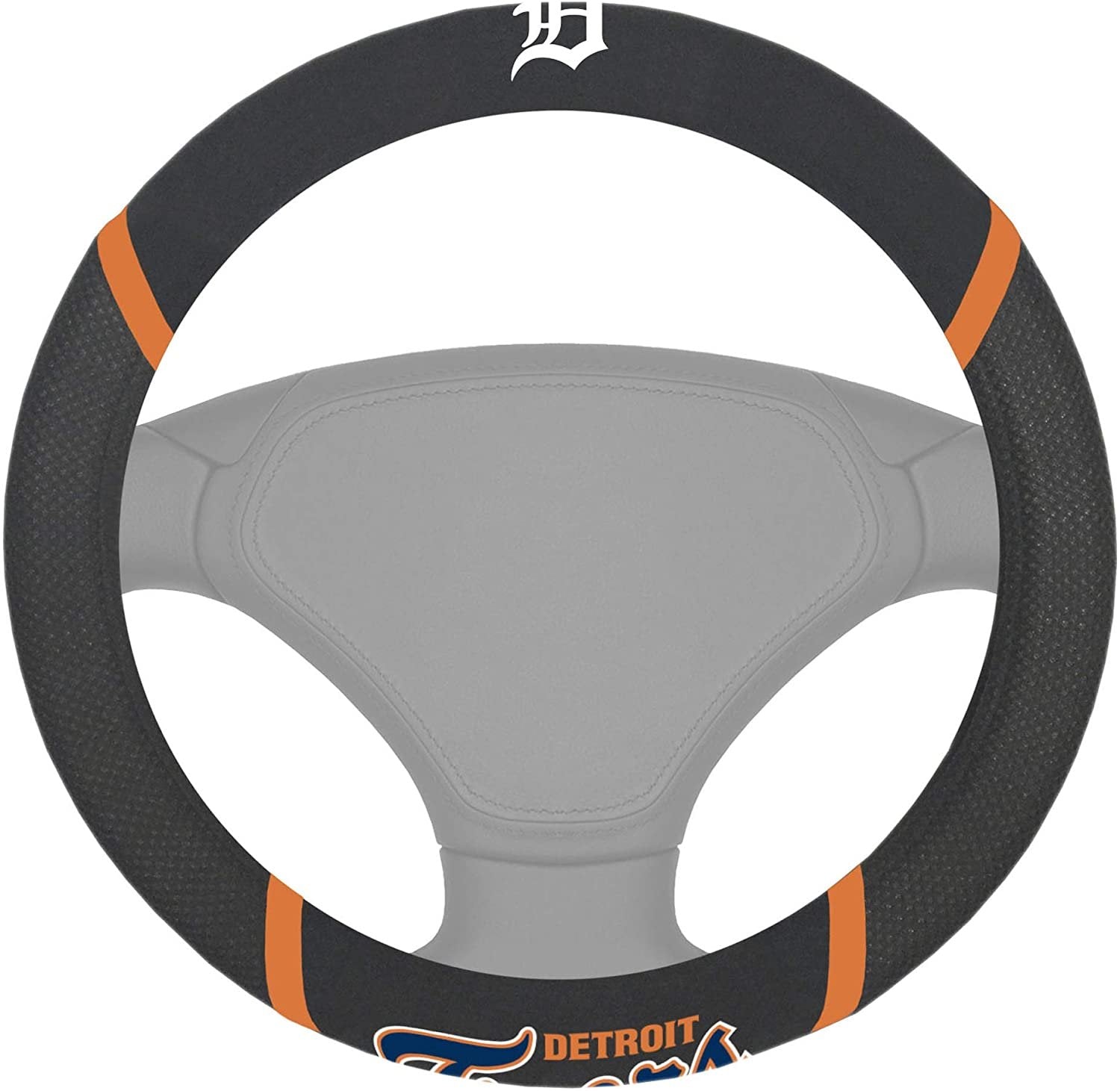 Detroit Tigers Steering Wheel Cover Premium Embroidered Black 15 Inch 1