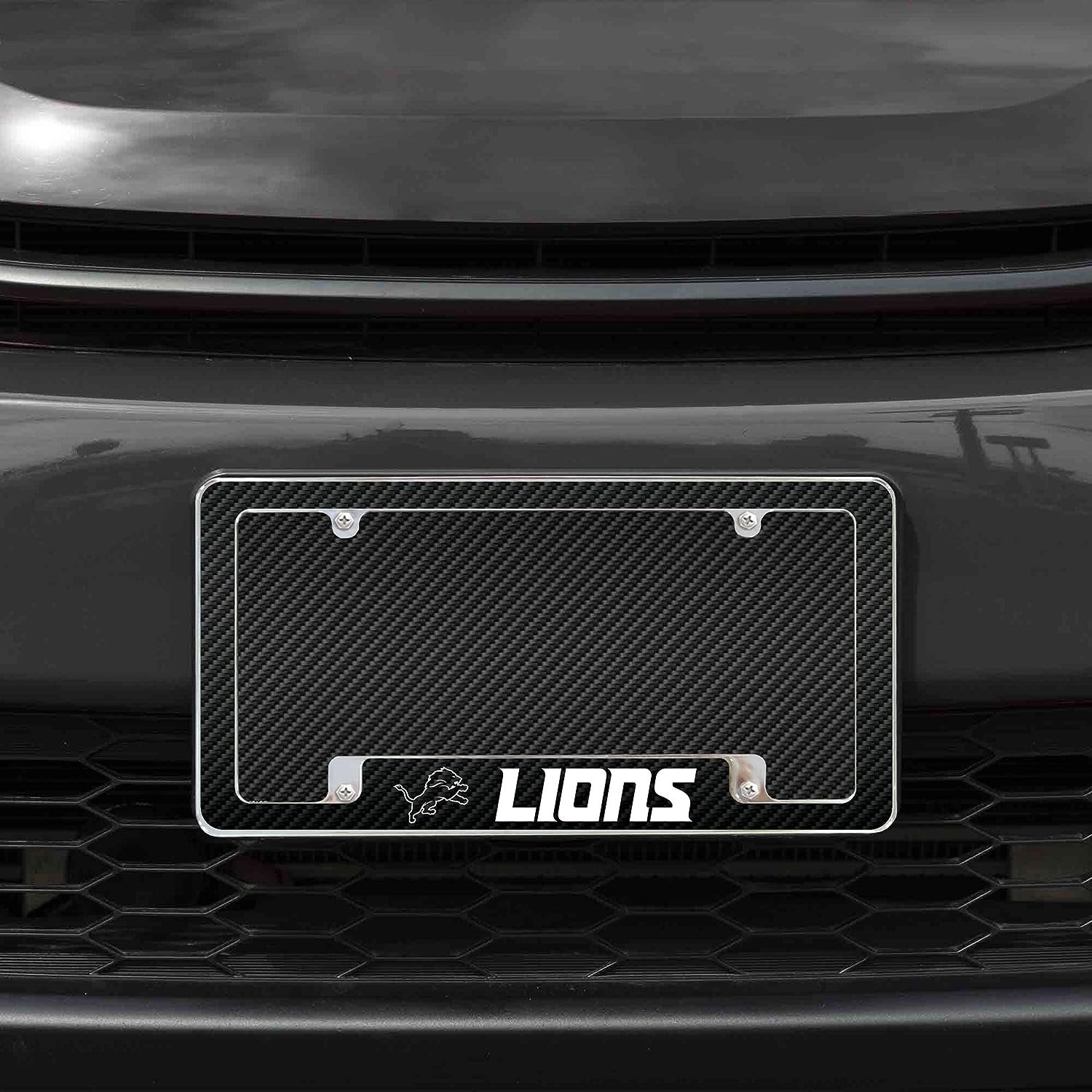 Detroit Lions Metal License Plate Frame Chrome Tag Cover Carbon Fiber Design 6x12 Inch